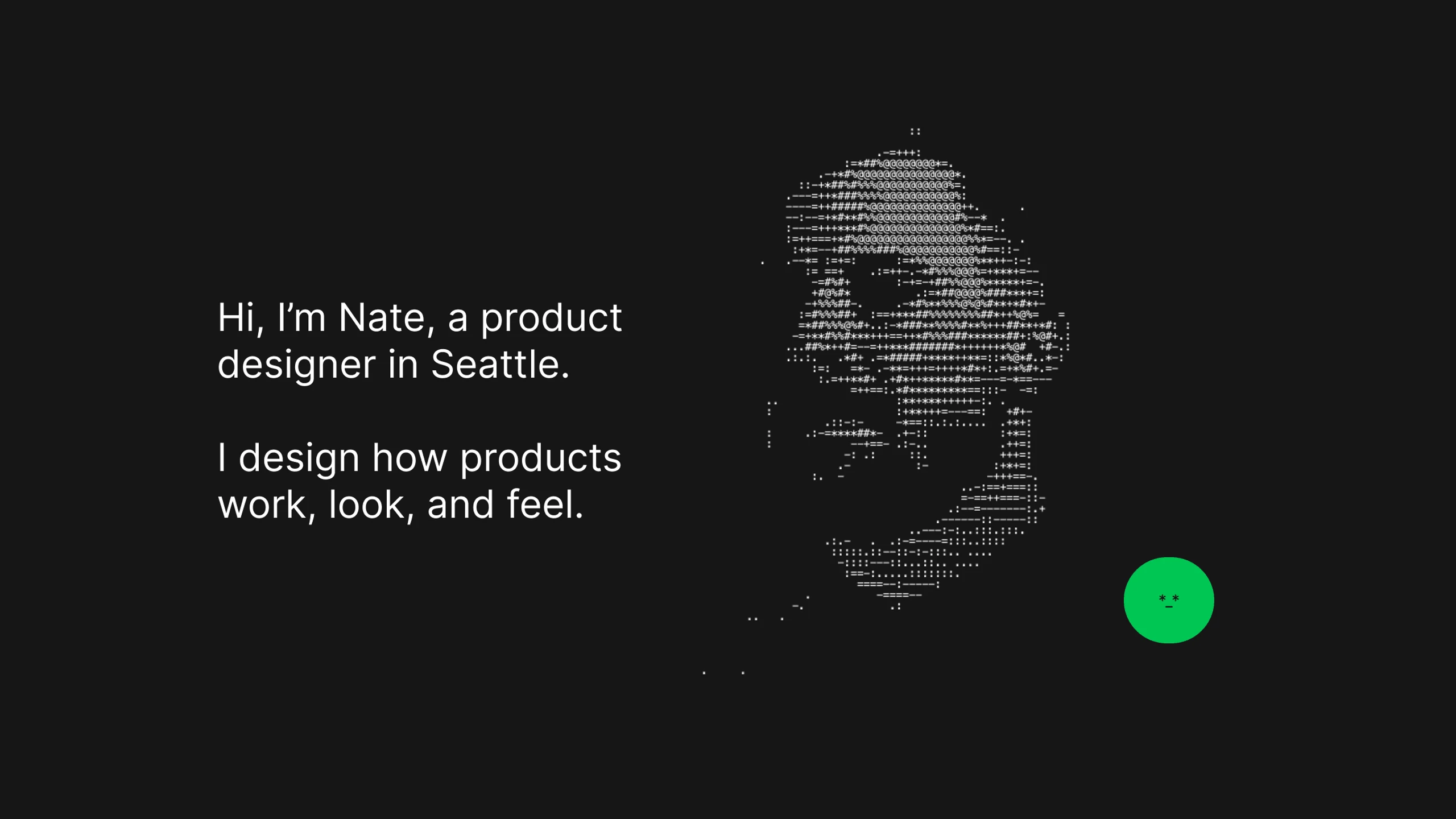 Ask Nate introduction paired with an ASCII portrait and green status character