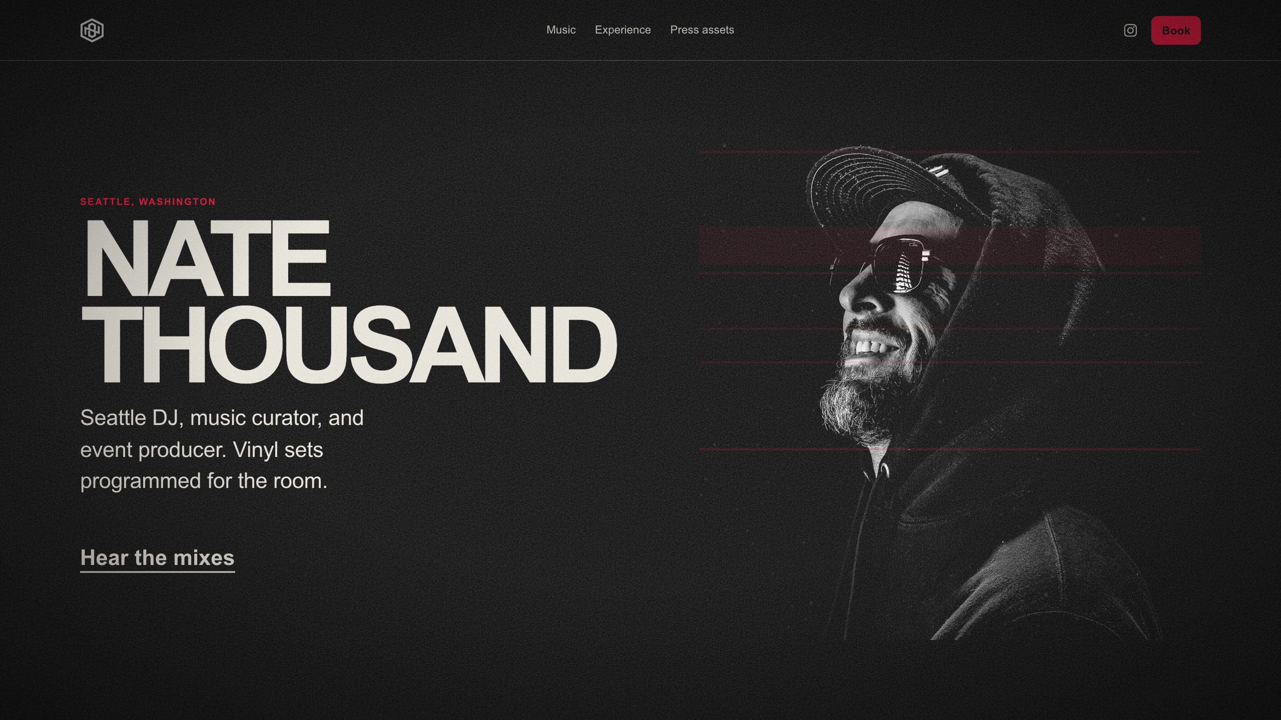 The Nate Thousand press kit live on its own domain: name, one-line description, and a black and white portrait