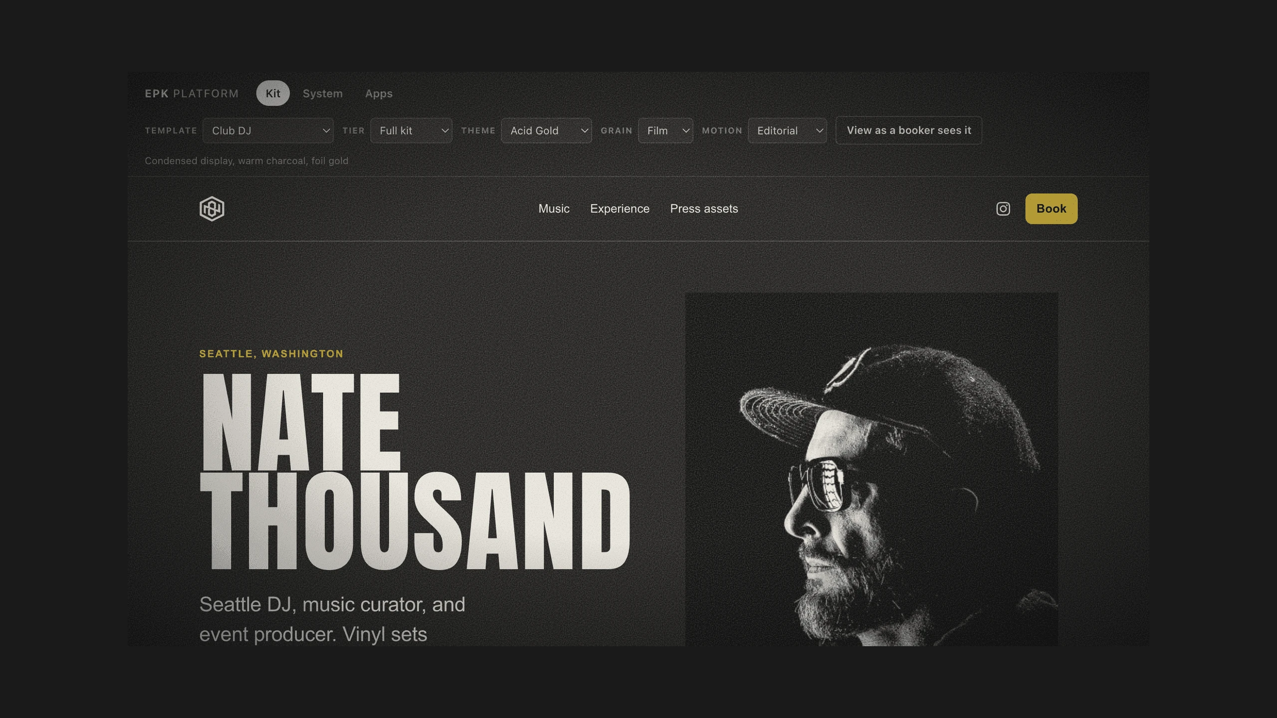 The EPK Platform demo: an artist press kit below a bar of template, tier, theme, grain, and motion controls