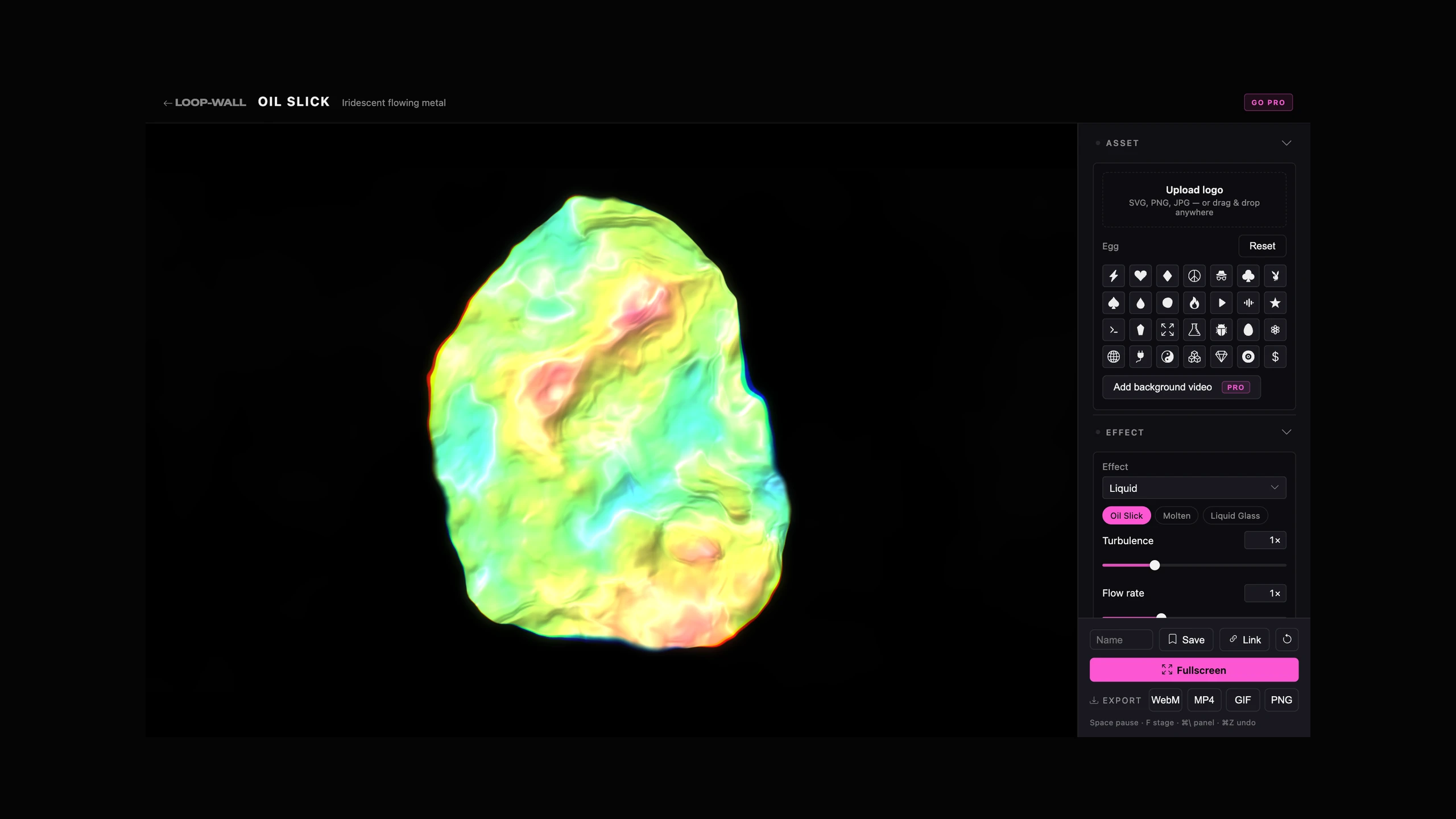 The Loop Wall editor: a live Oil Slick render beside the asset, effect, and export controls