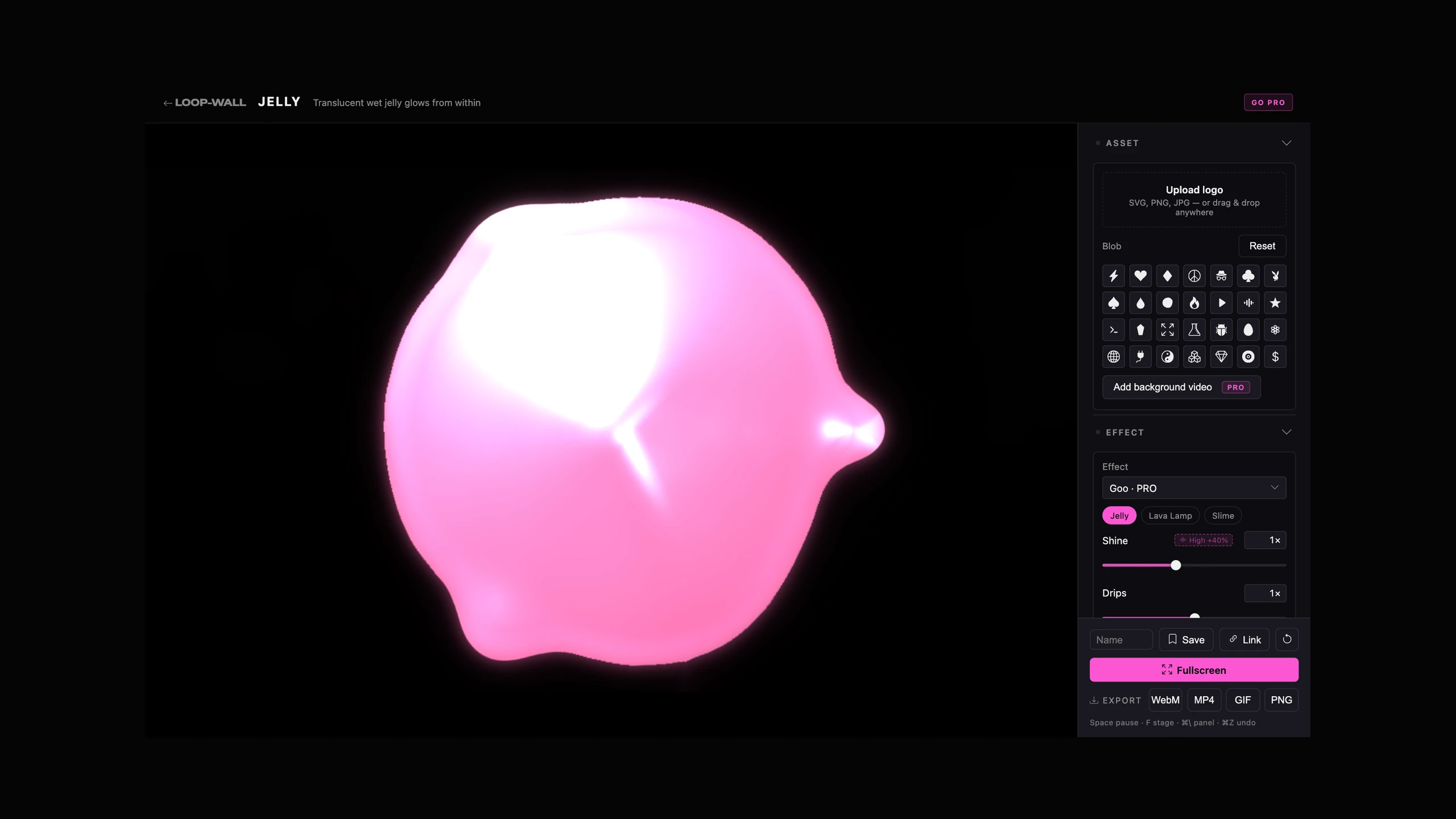 The editor with the Goo Jelly preset: a translucent pink form beside the control panel
