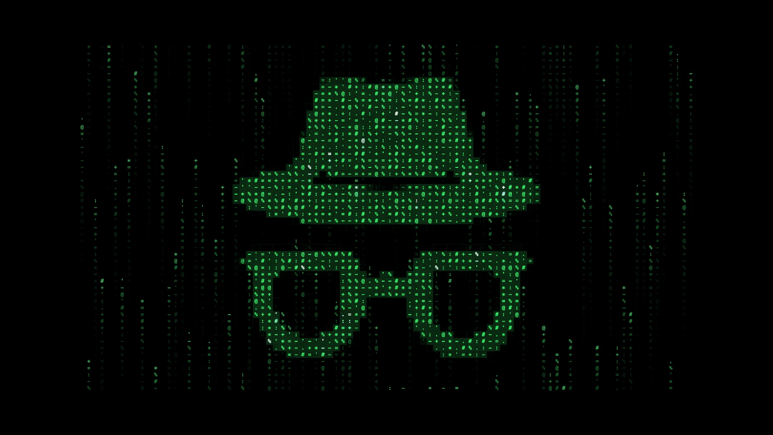 A Matrix render: a hat-and-glasses logo in falling green code