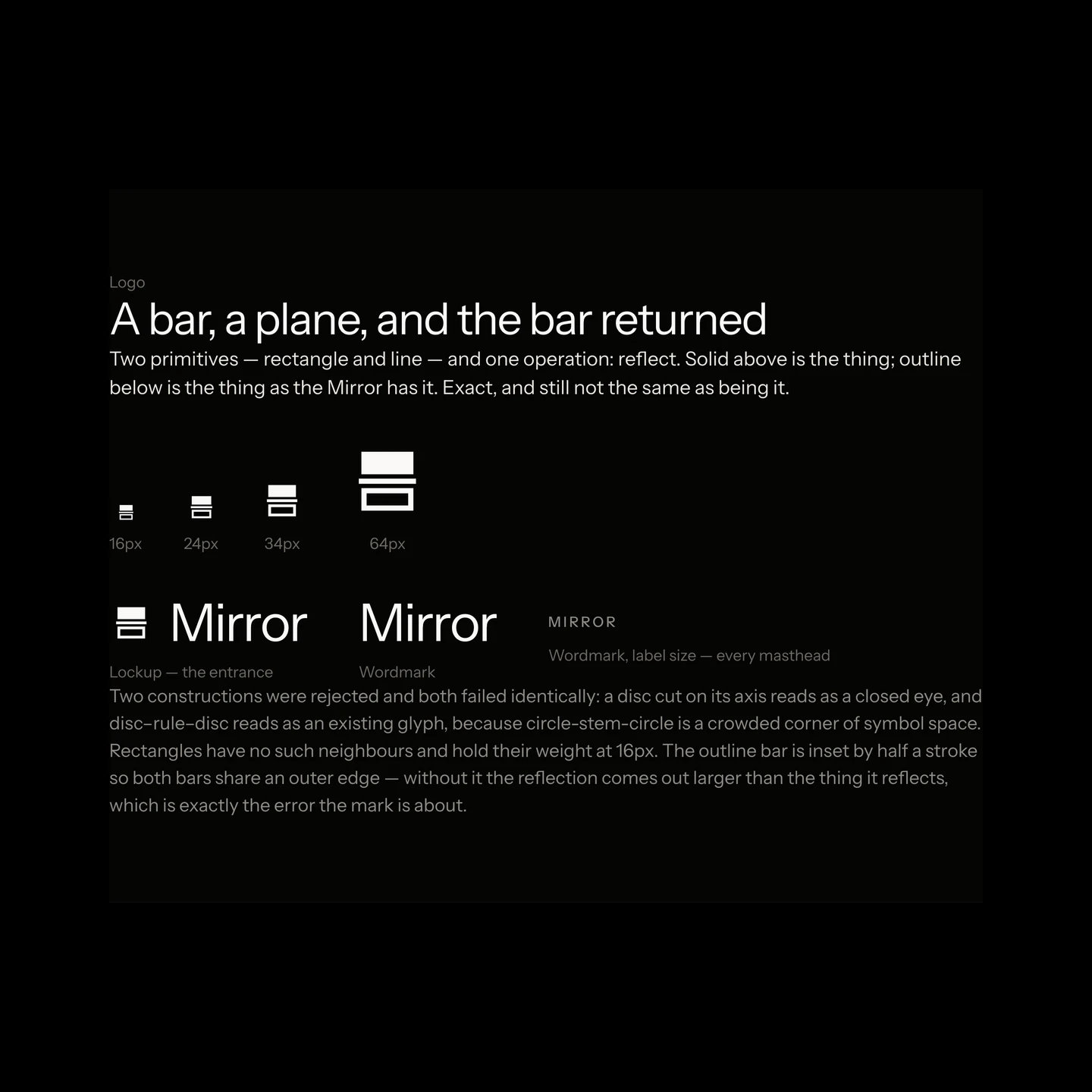 The mark: a bar, a plane, and the bar returned, at 16, 24, 34 and 64px, with the lockup and wordmark