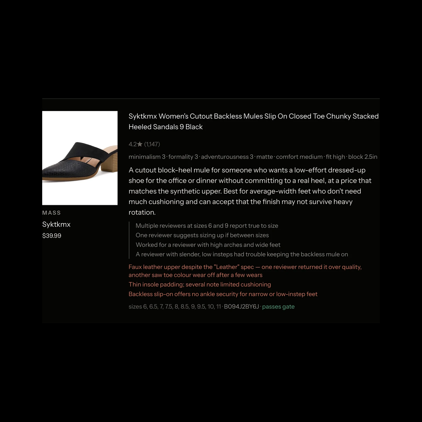 A real Amazon listing as the ingest pipeline produced it: attributes, judgement, reviews, and what to watch