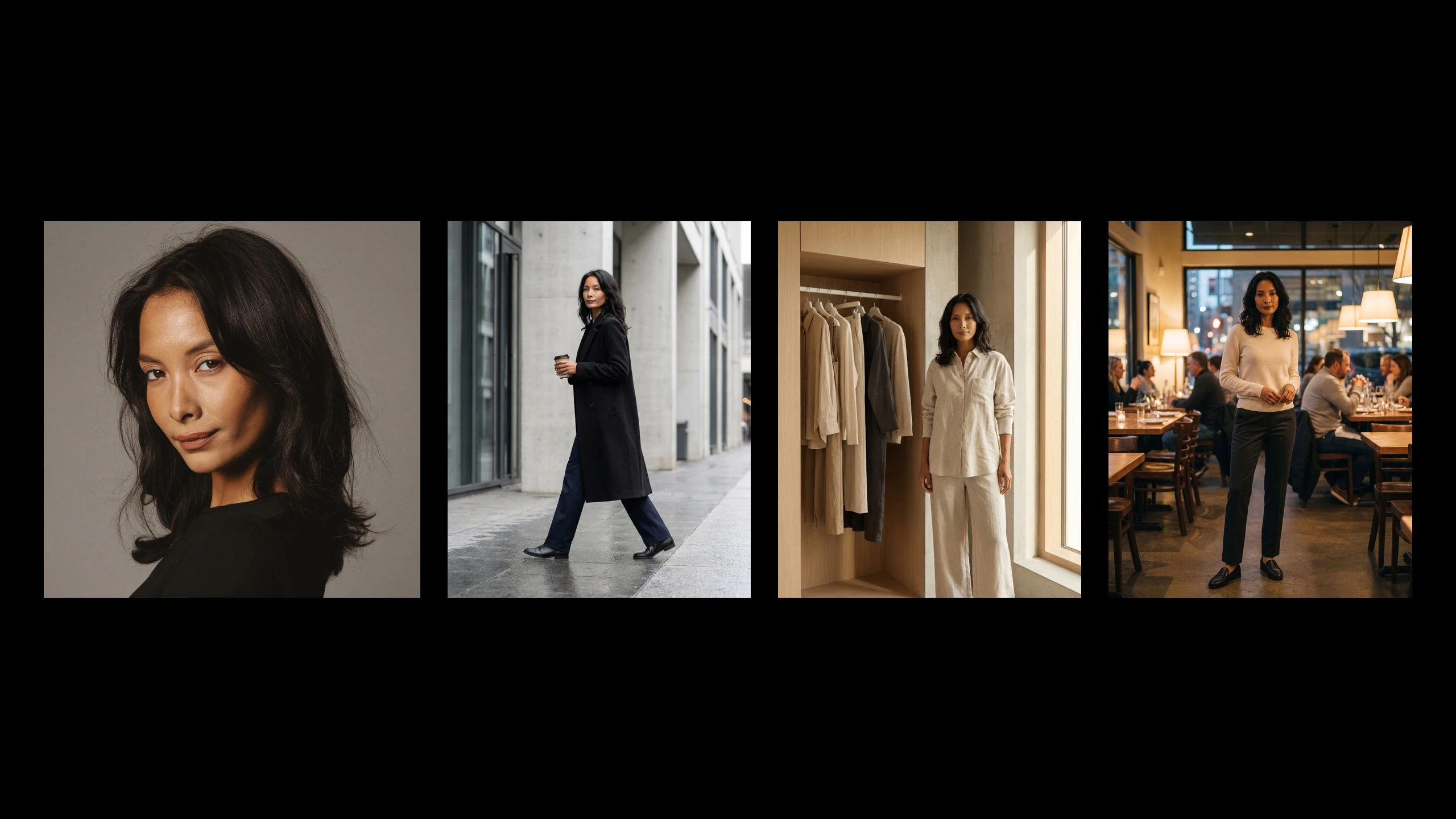 Maya Chen, generated: portrait, on the street, at her closet, at dinner