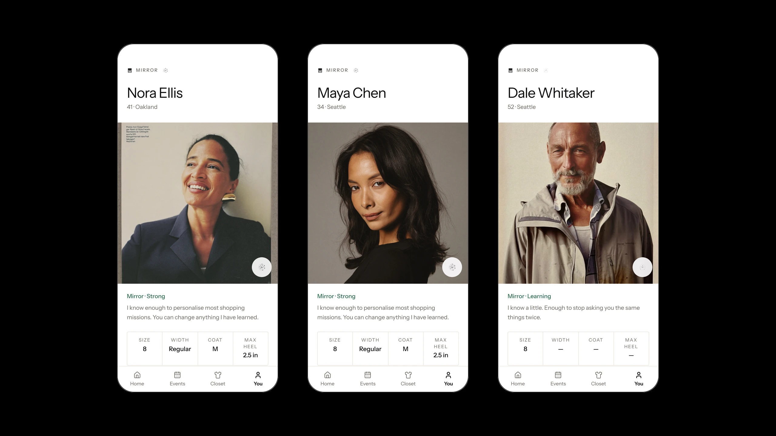 Three You tabs: Nora Ellis, Maya Chen, Dale Whitaker