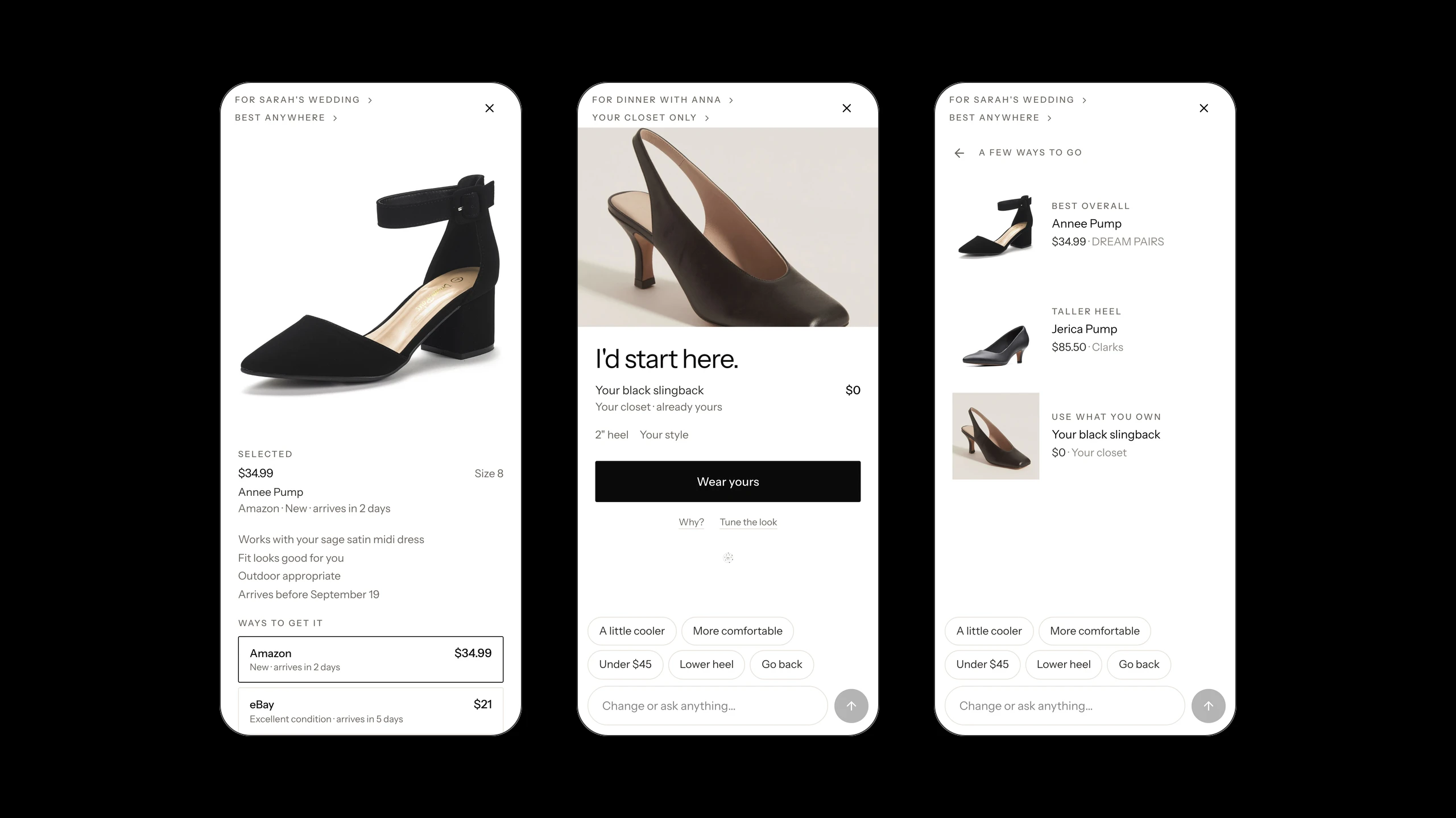 Ways to get it (Amazon new, eBay used, the pair she owns), the closet answering at $0, and the alternatives sheet with Use what you own