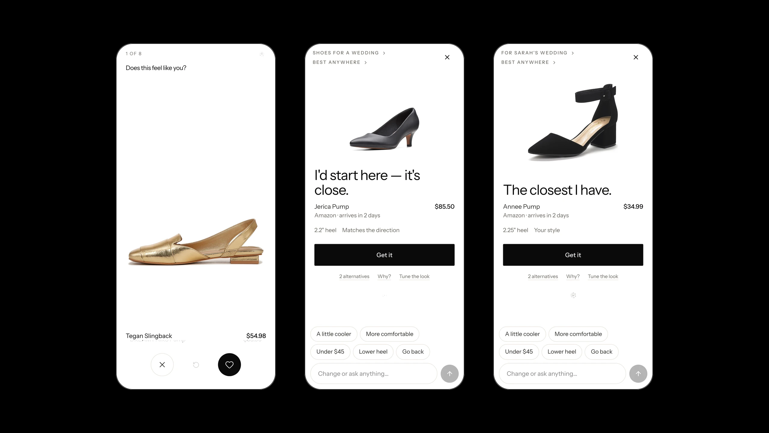 Three answers to one request: a swipe deck on an empty Mirror, I'd start here it's close after two answers, and one product on a mature Mirror