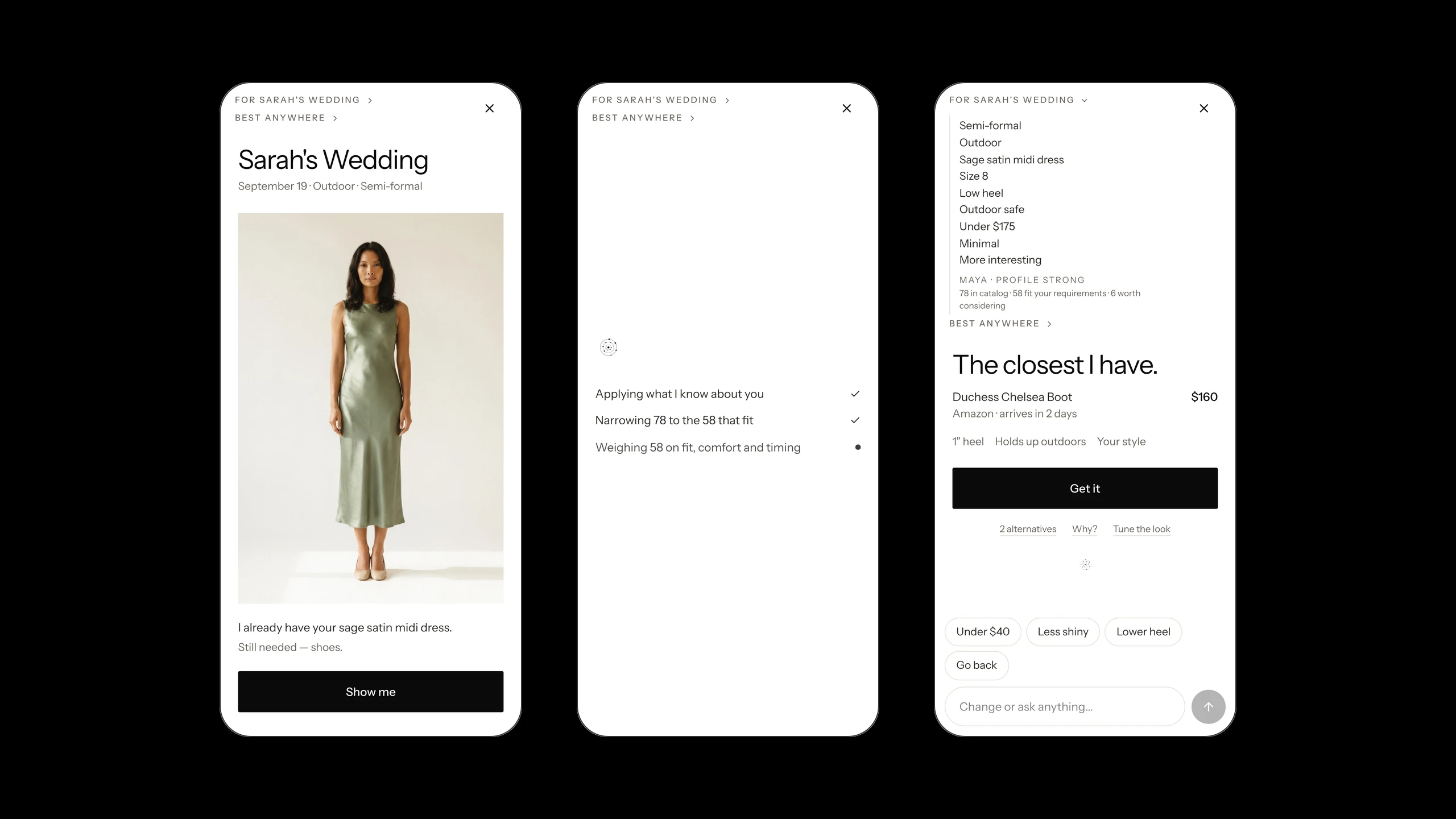The wedding brief, the narrowing pass (78 to 58 to weighing), and the Intent Lens listing every requirement