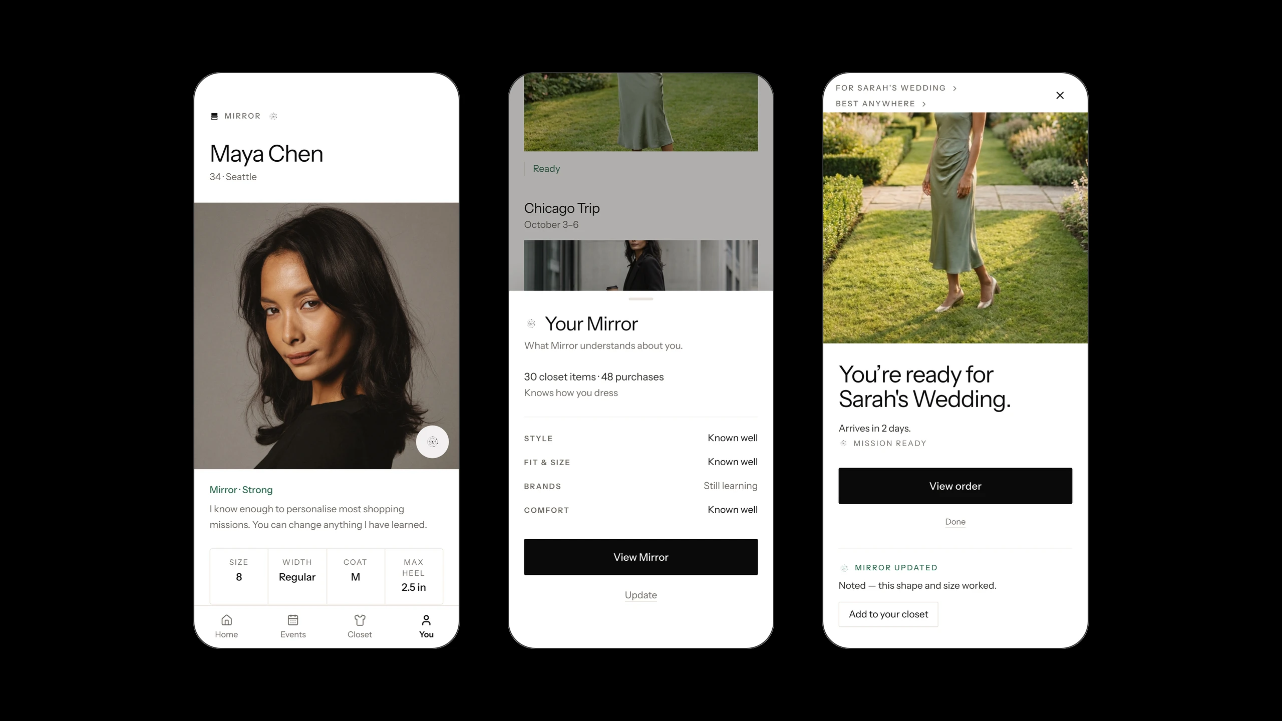 The You tab with every fact and its provenance, the Mirror quick view, and Mirror updated after an outcome