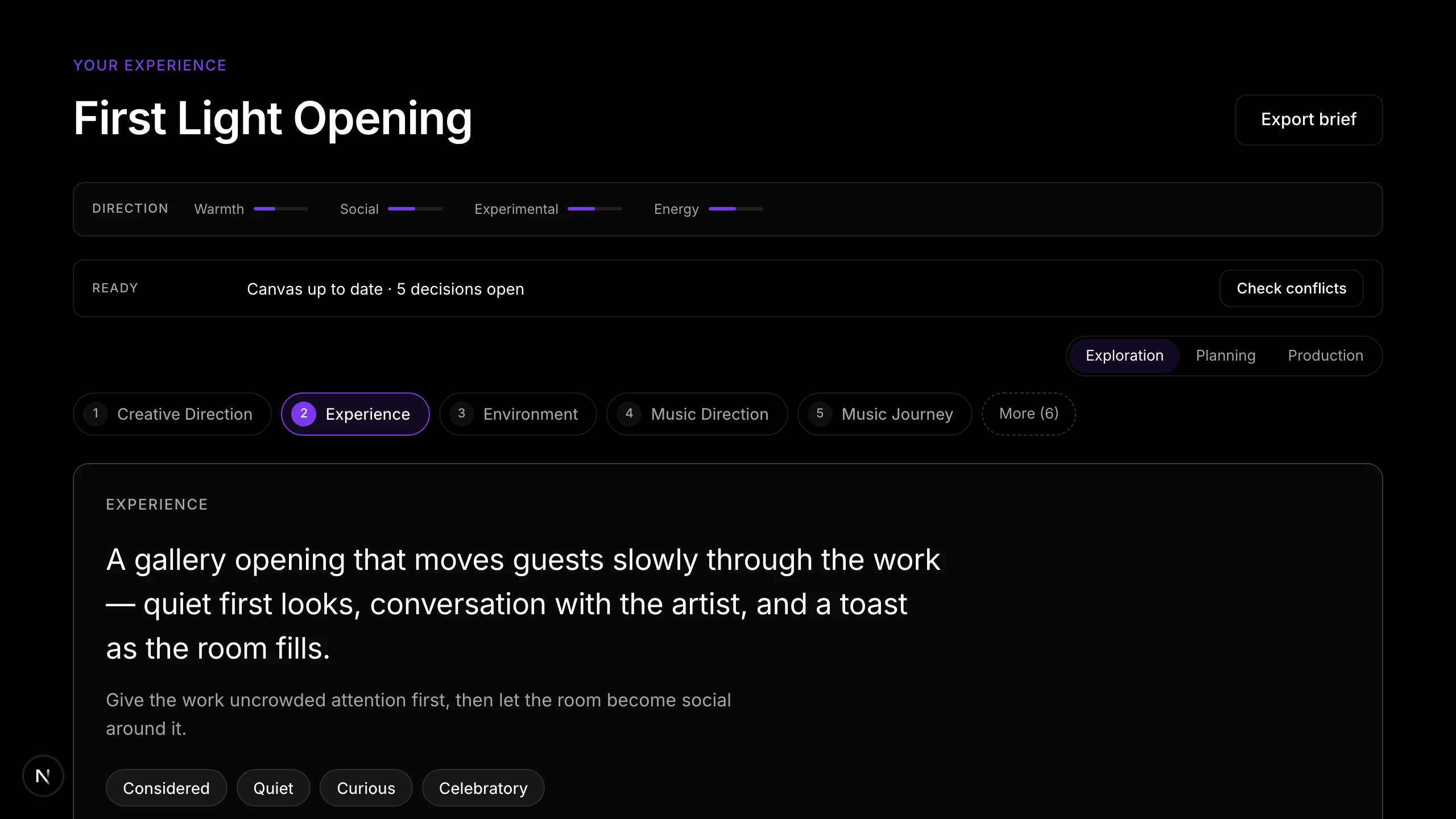First Light Opening: the same canvas structure generated from the Gallery opening intent