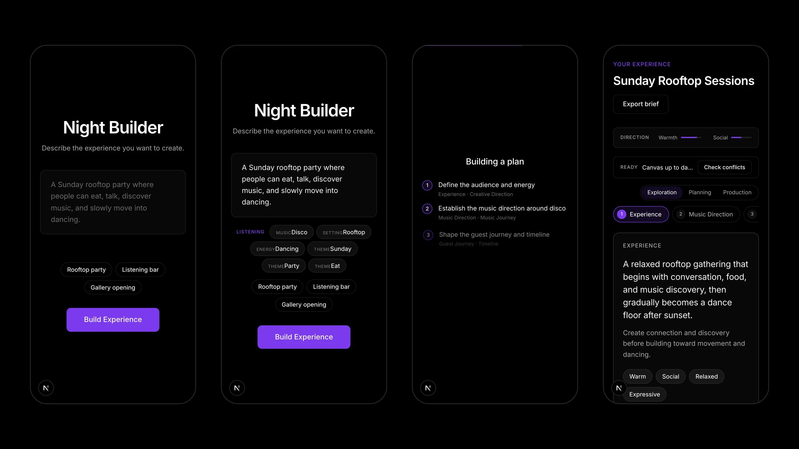 Night Builder on a phone: intent, listening, building a plan, and the canvas