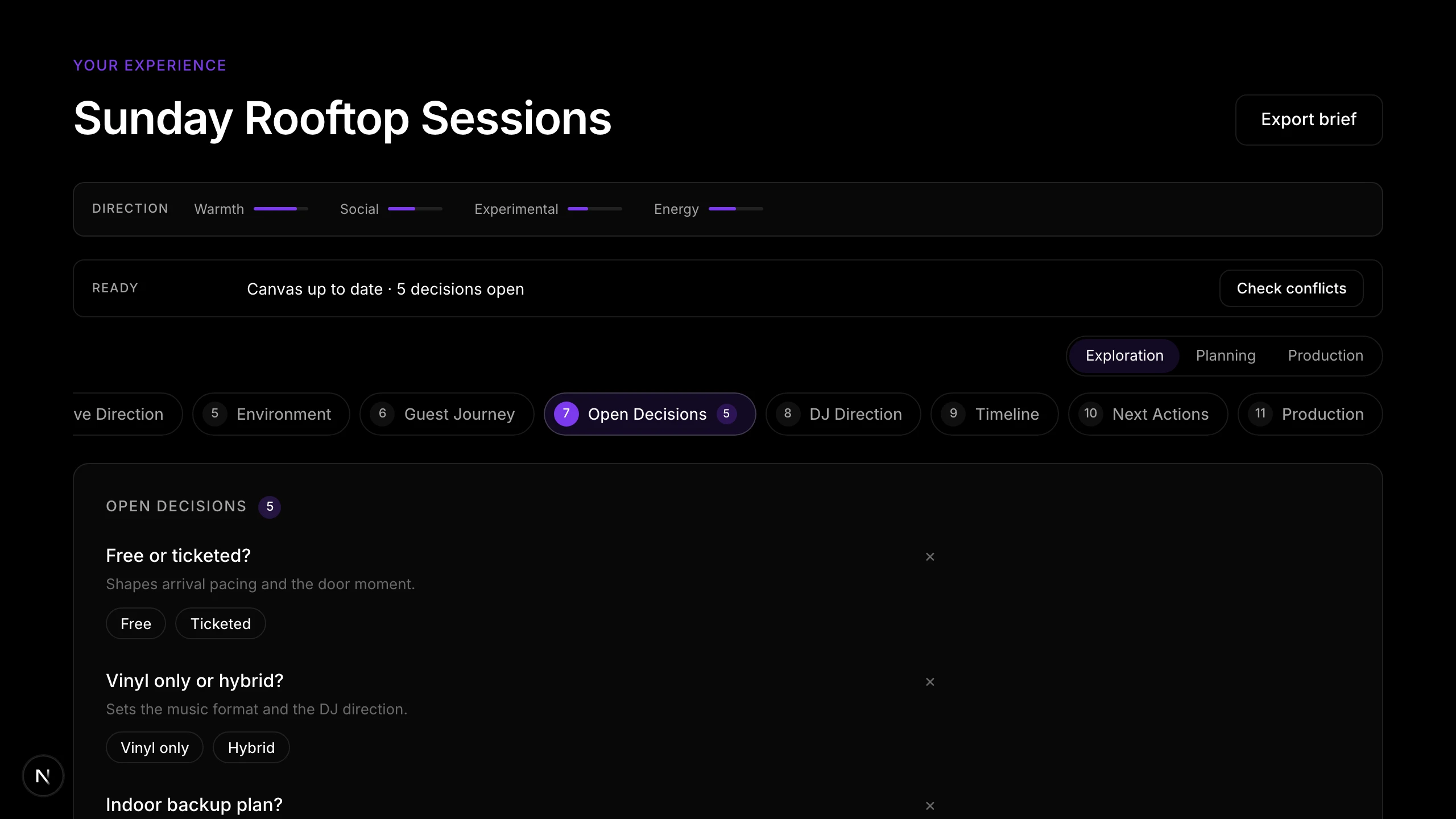 Canvas section: Open Decisions