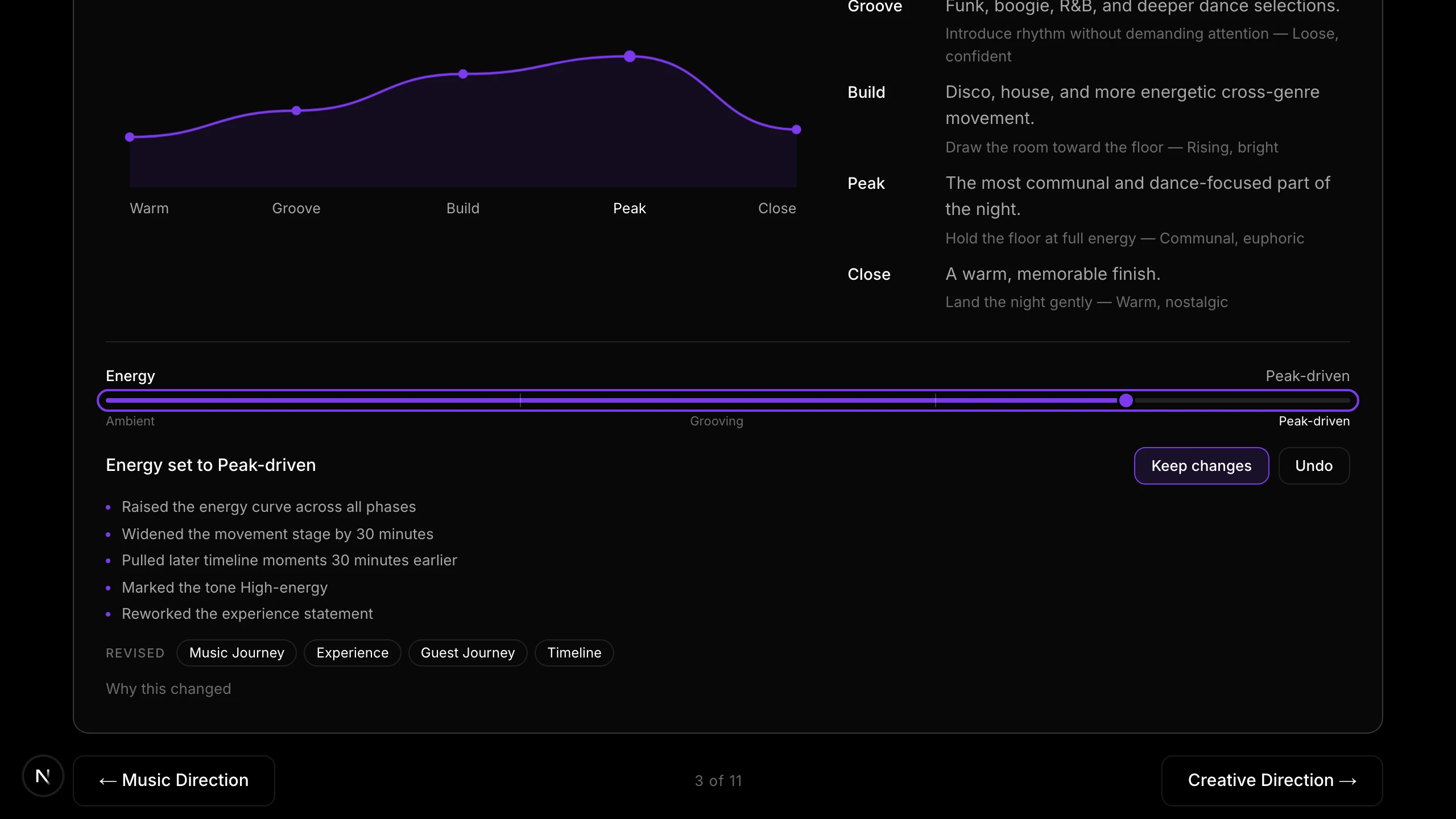 After the lever commit: Music Journey marked Revised, Energy set to Peak-driven, Keep changes or Undo