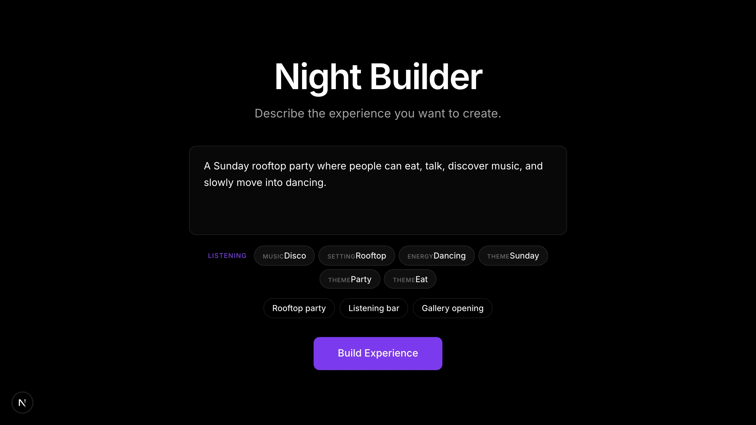 Listening: typed intent tags appear under the input as the sentence is typed, Music Disco, Setting Rooftop, Energy Dancing, Theme Sunday