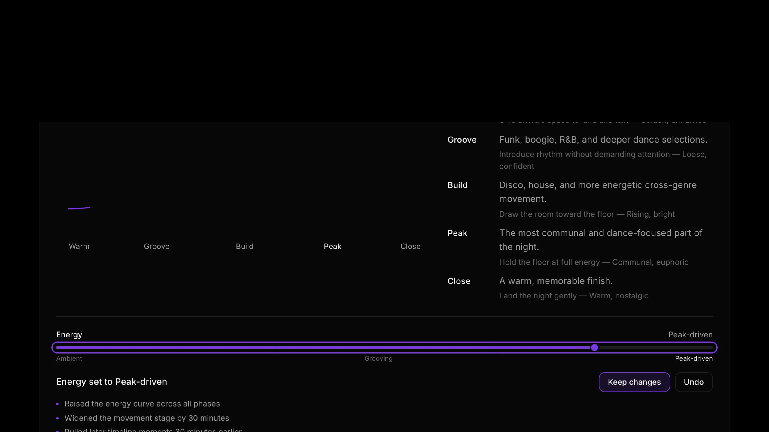 The Energy lever pushed to Peak-driven: the Music Journey curve redraws live and the activity bar lists the sections that will be revised