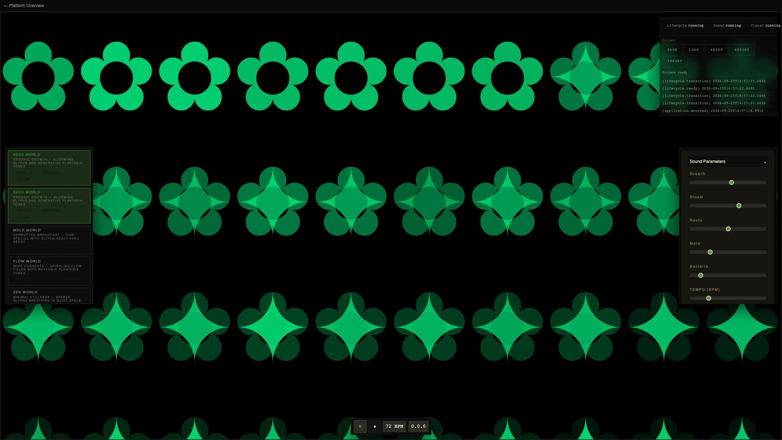 The Plantasonic live instrument running the Seed world: a full-frame field of blooming glyphs, the world browser on the left, sound parameters on the right, transport at the bottom