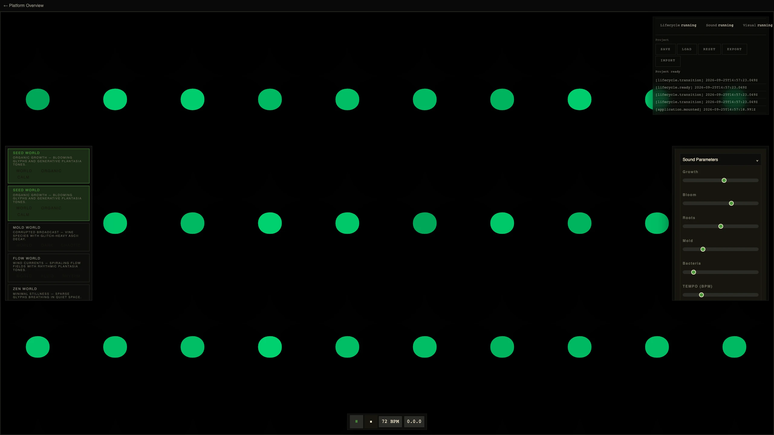 Sound parameters: growth, bloom, roots, mold and bacteria levers with tempo in BPM
