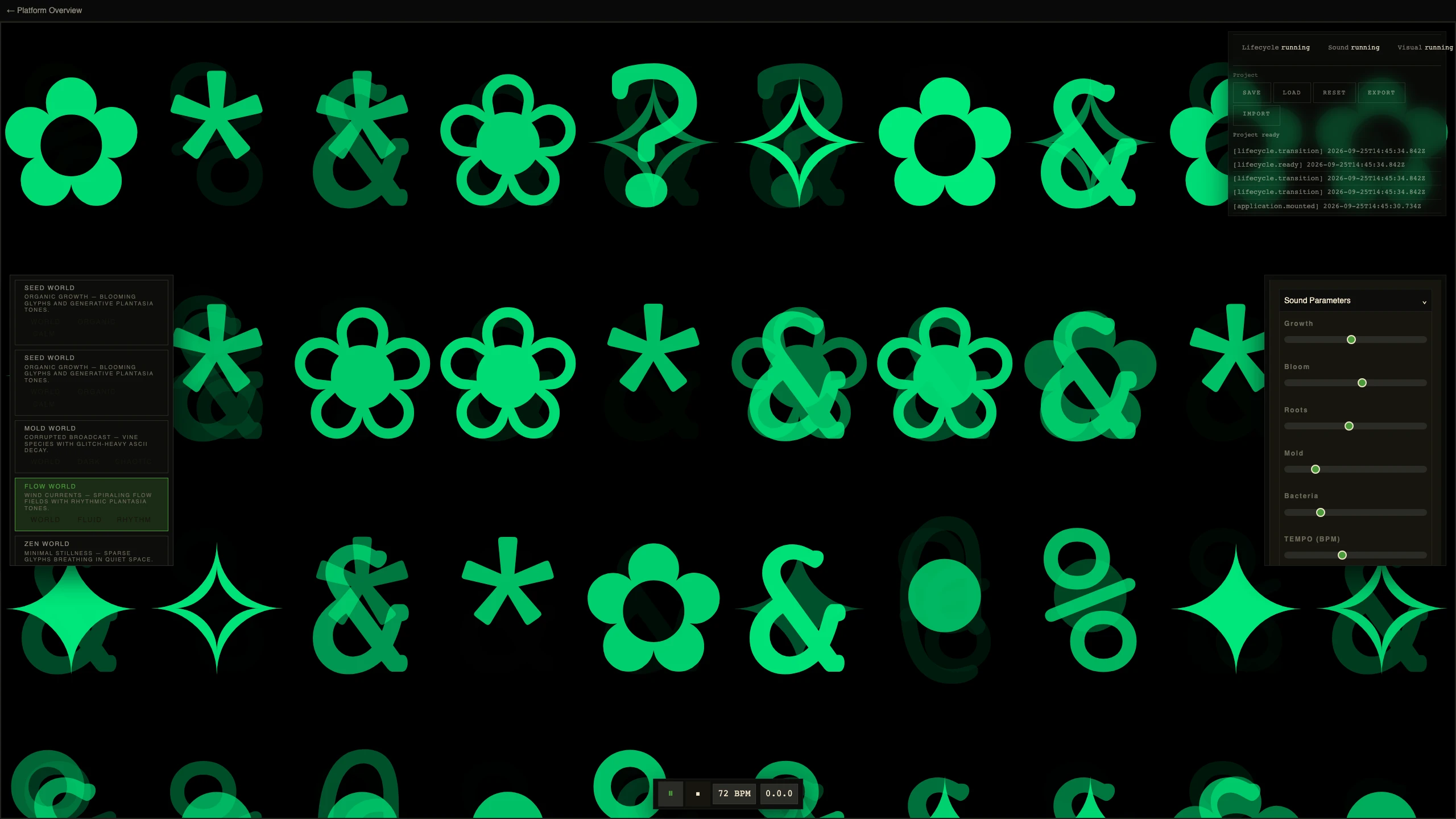 The status HUD and project controls: lifecycle, sound and visual all running, with save, load, reset, export and import and the platform event log