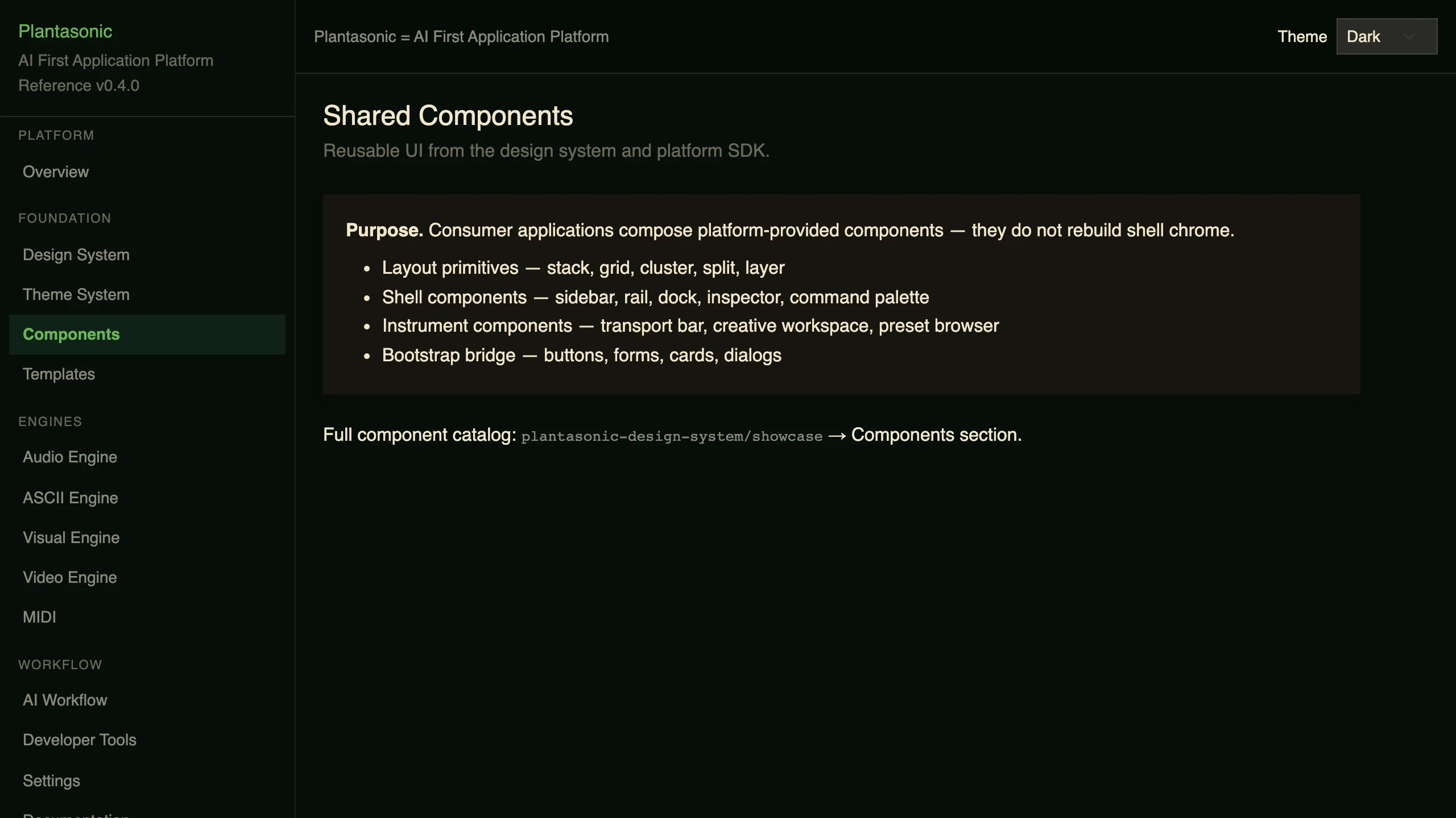 The Components section of the Plantasonic reference application