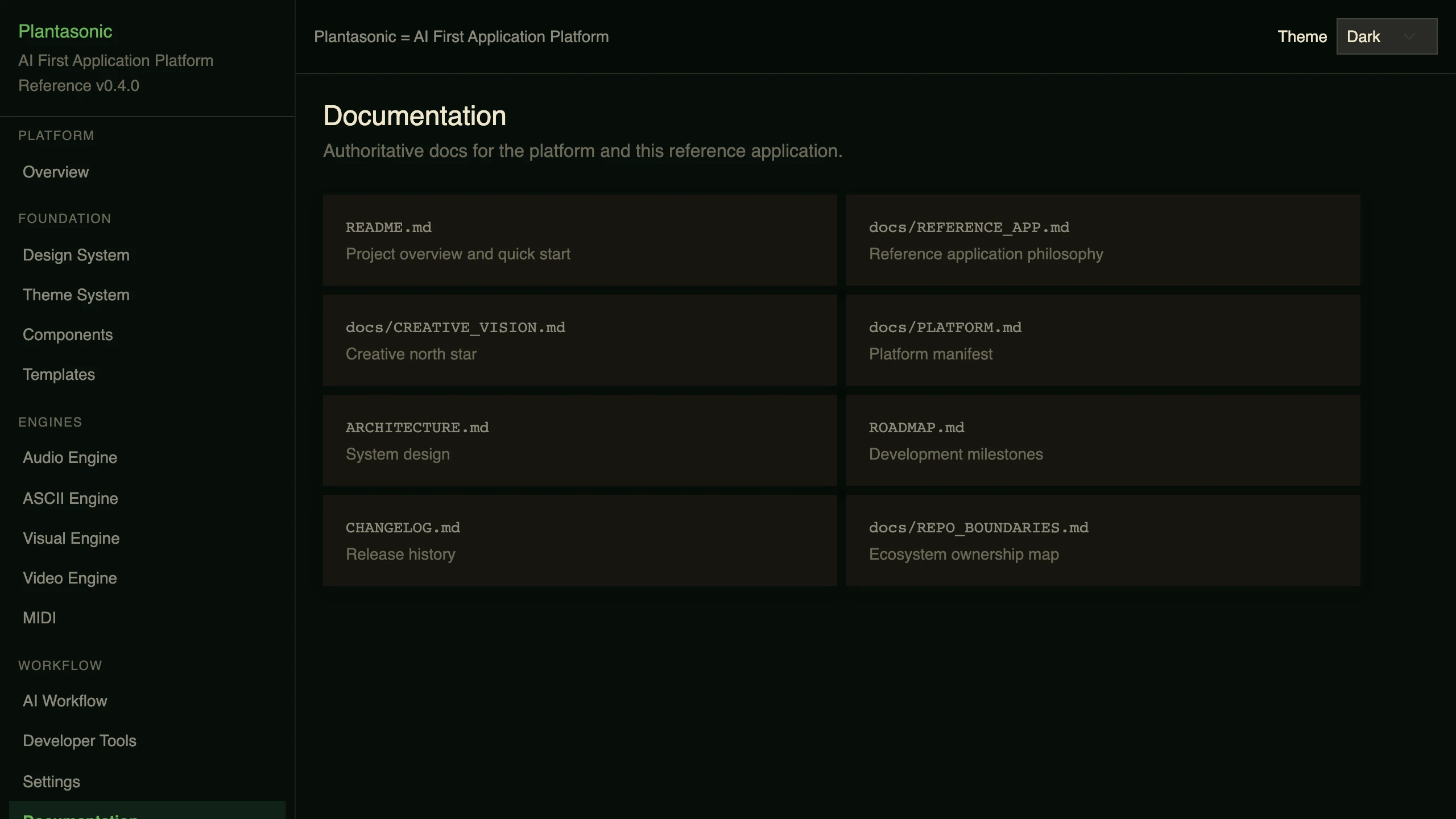 The Documentation section of the Plantasonic reference application