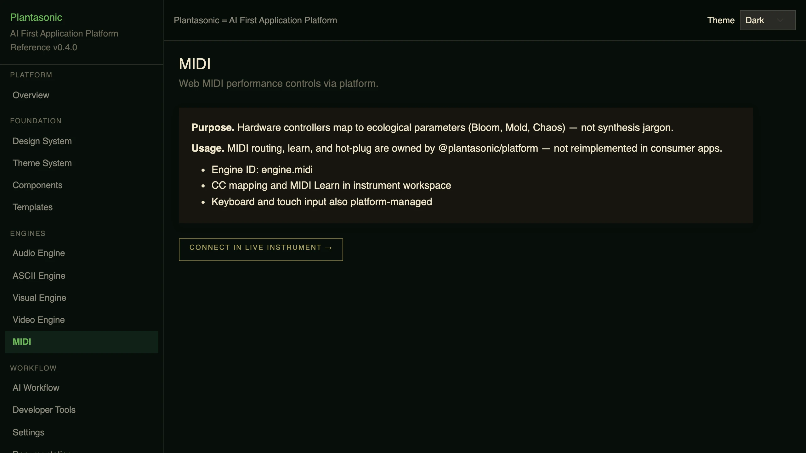 The MIDI section of the Plantasonic reference application