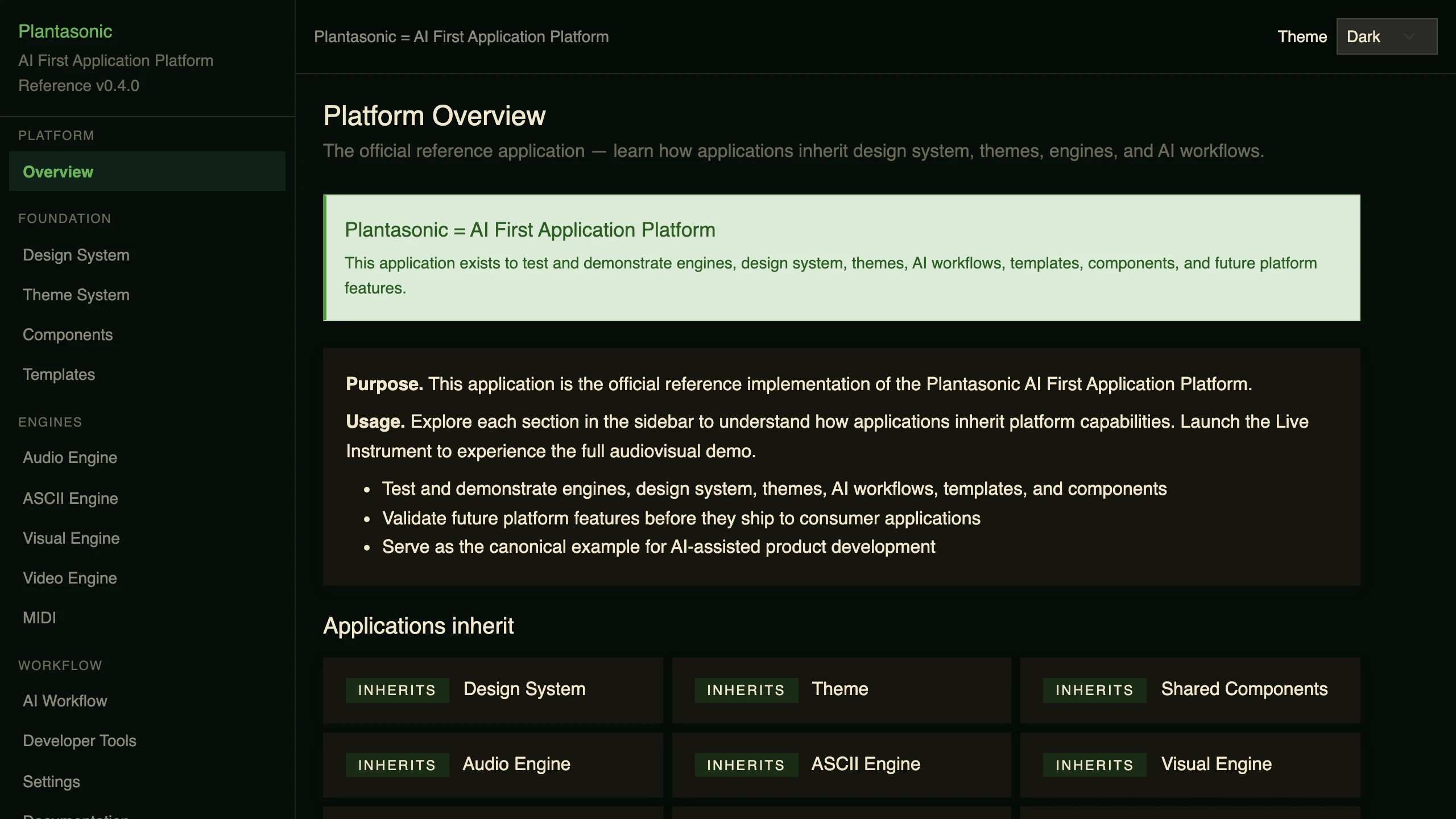 The Overview section of the Plantasonic reference application