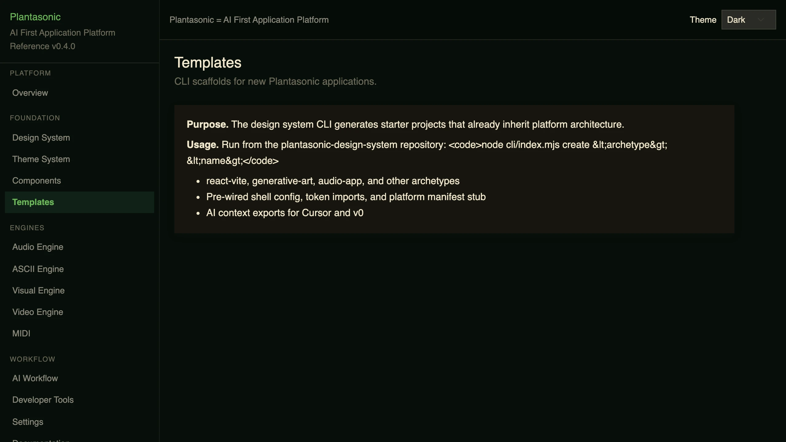 The Templates section of the Plantasonic reference application