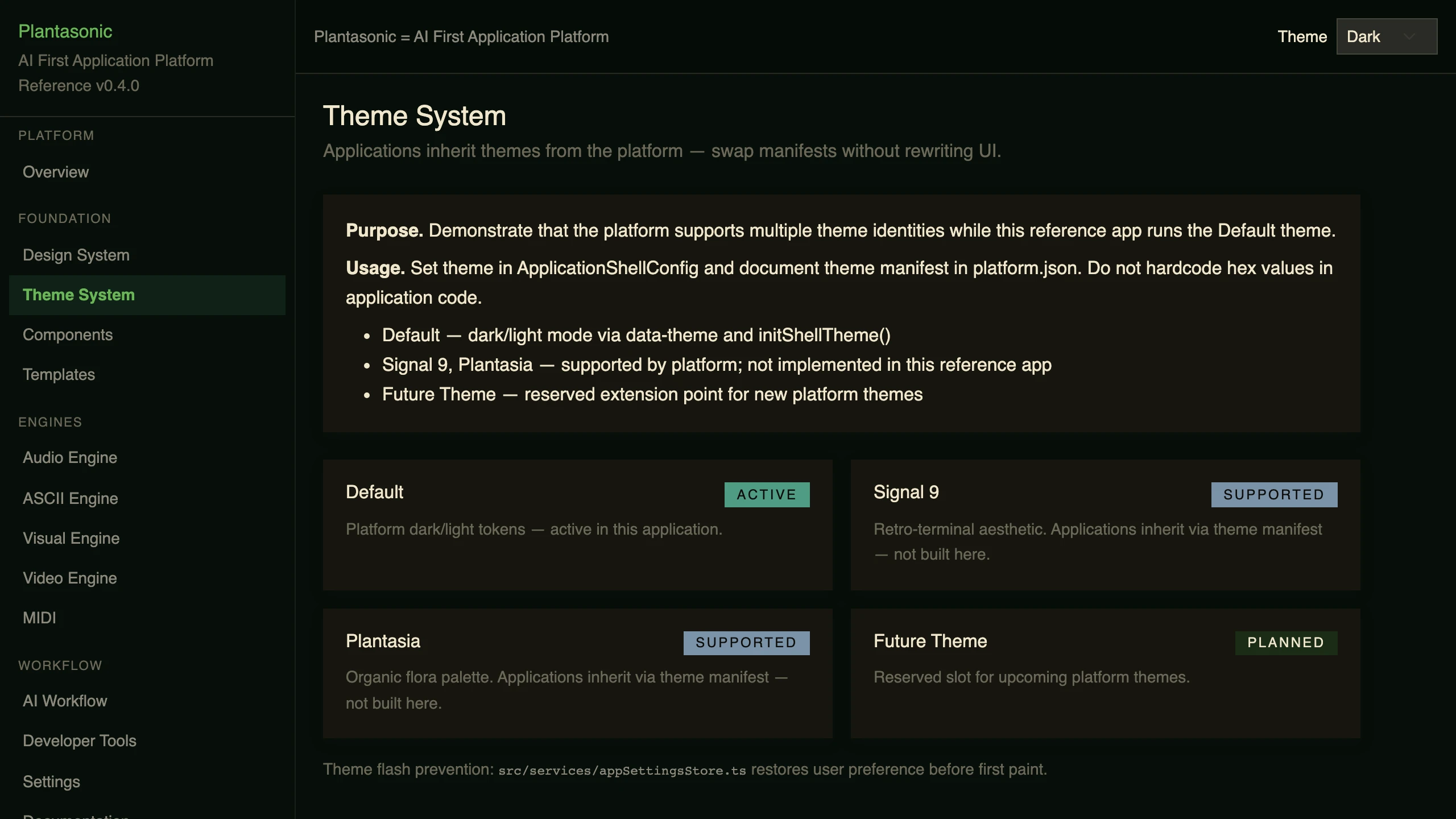 The Theme System section of the Plantasonic reference application