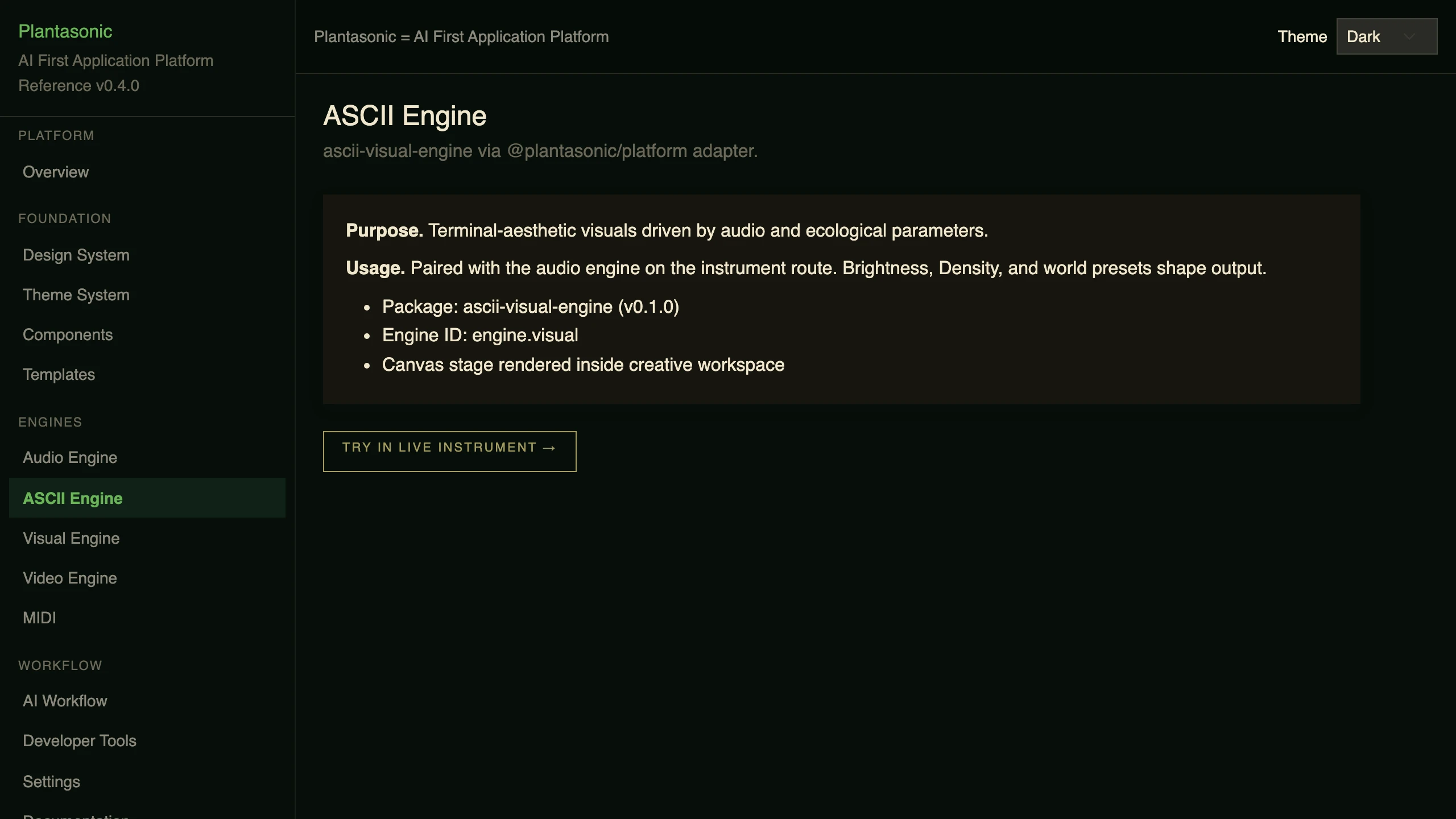 The ASCII Engine section: how the reference application consumes the engine through a platform adapter rather than a local fork