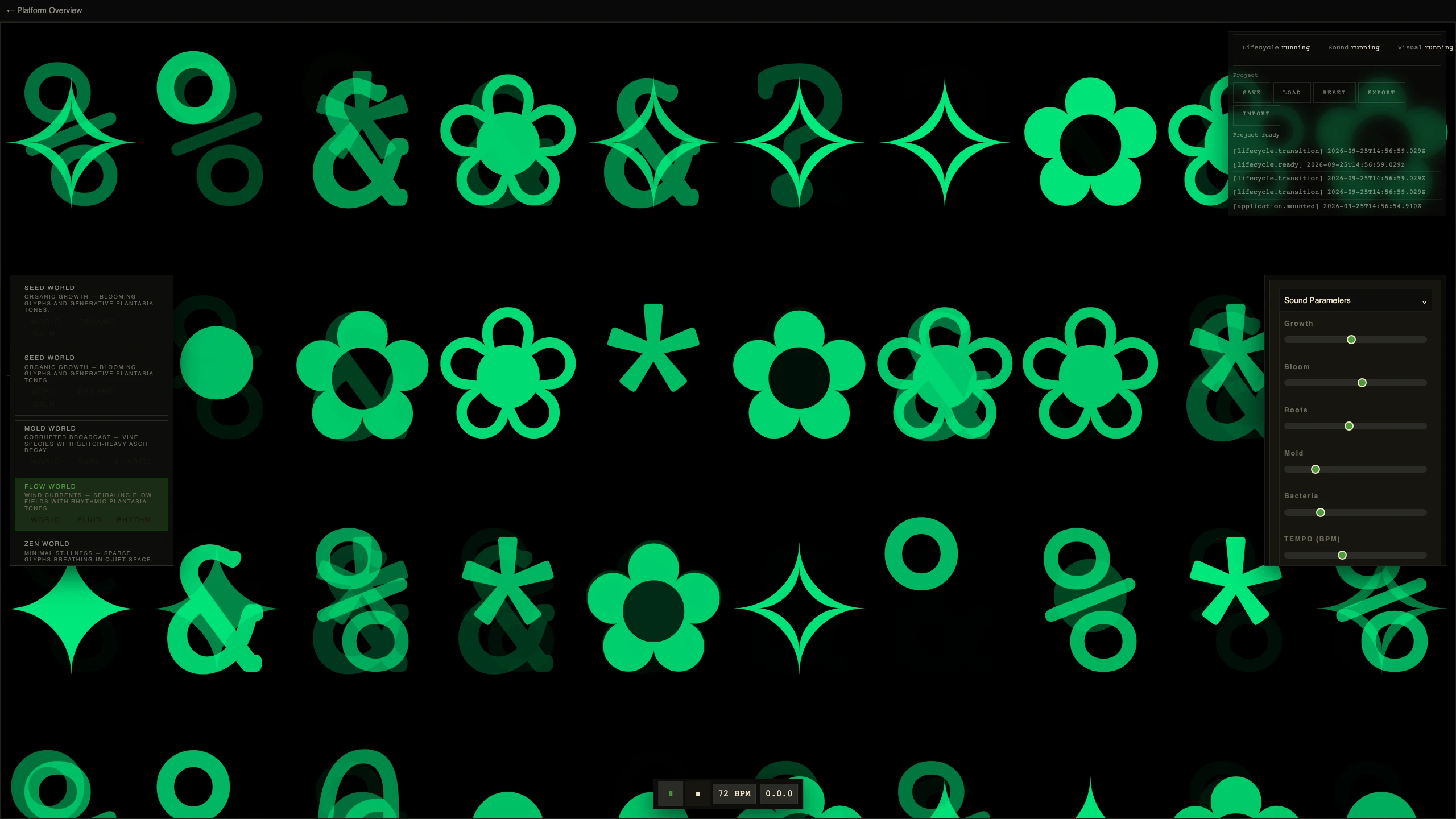 Flow world: wind currents, spiralling flow fields with rhythmic tones