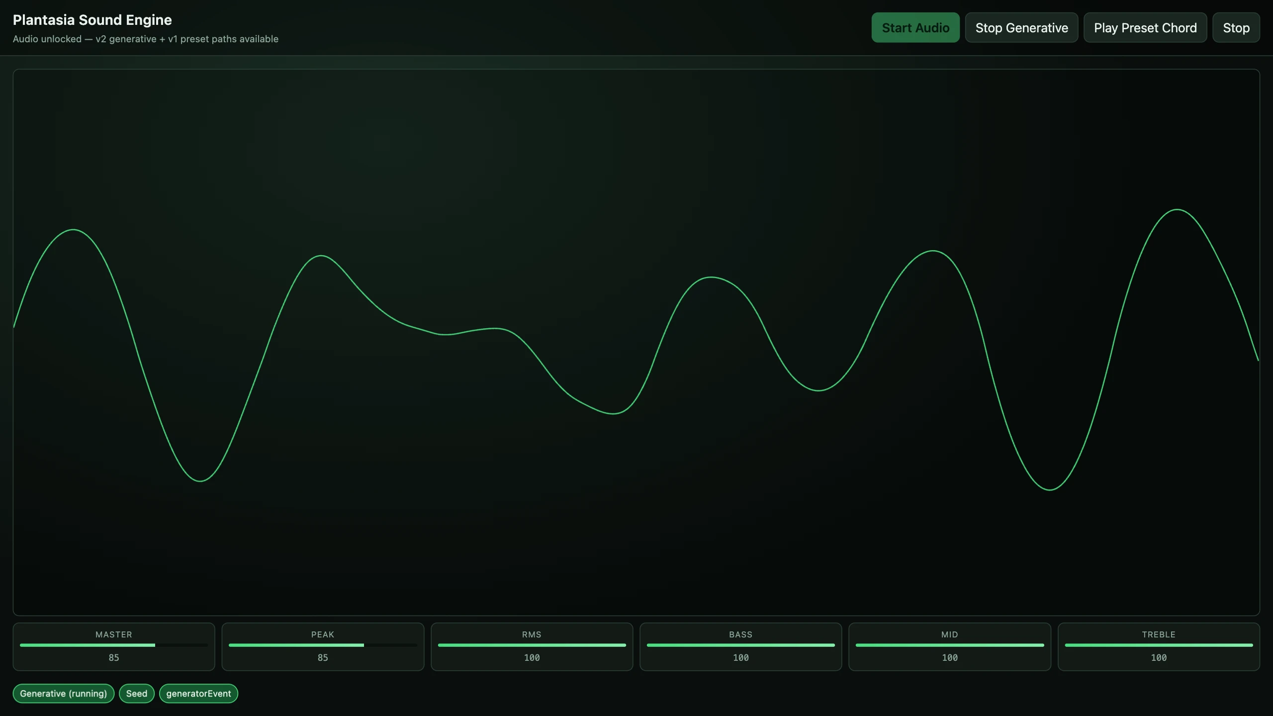 The Plantasia Sound Engine stage with the Desert preset playing: a green waveform over a dark field, level meters below