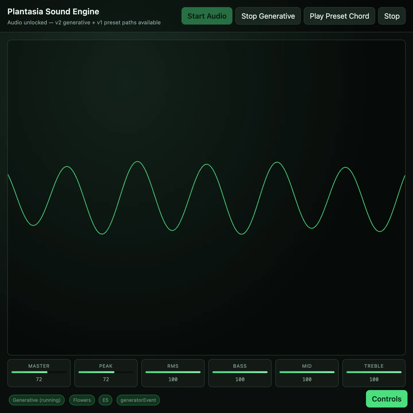 The stage in a square crop: a green waveform from the Bloom preset over a dark field