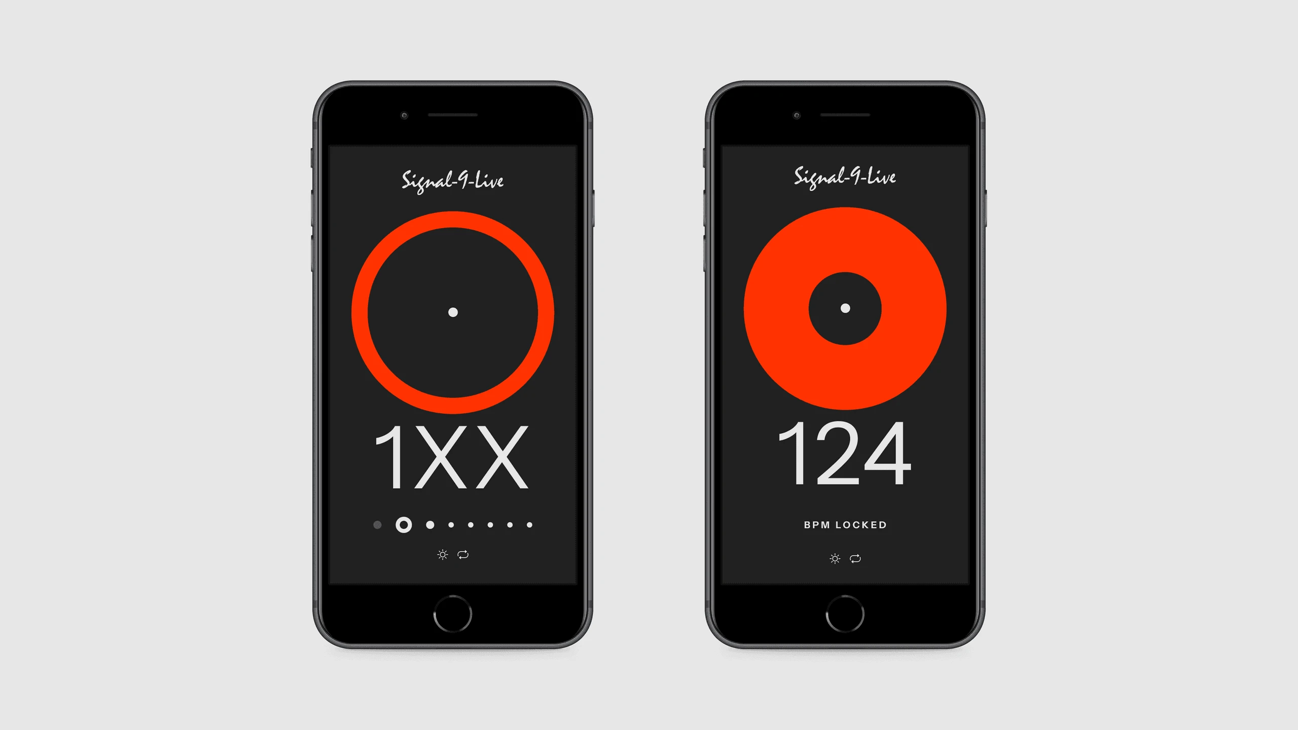 Two Tap-BPM mobile screens showing an early reading and a stable 124 BPM result