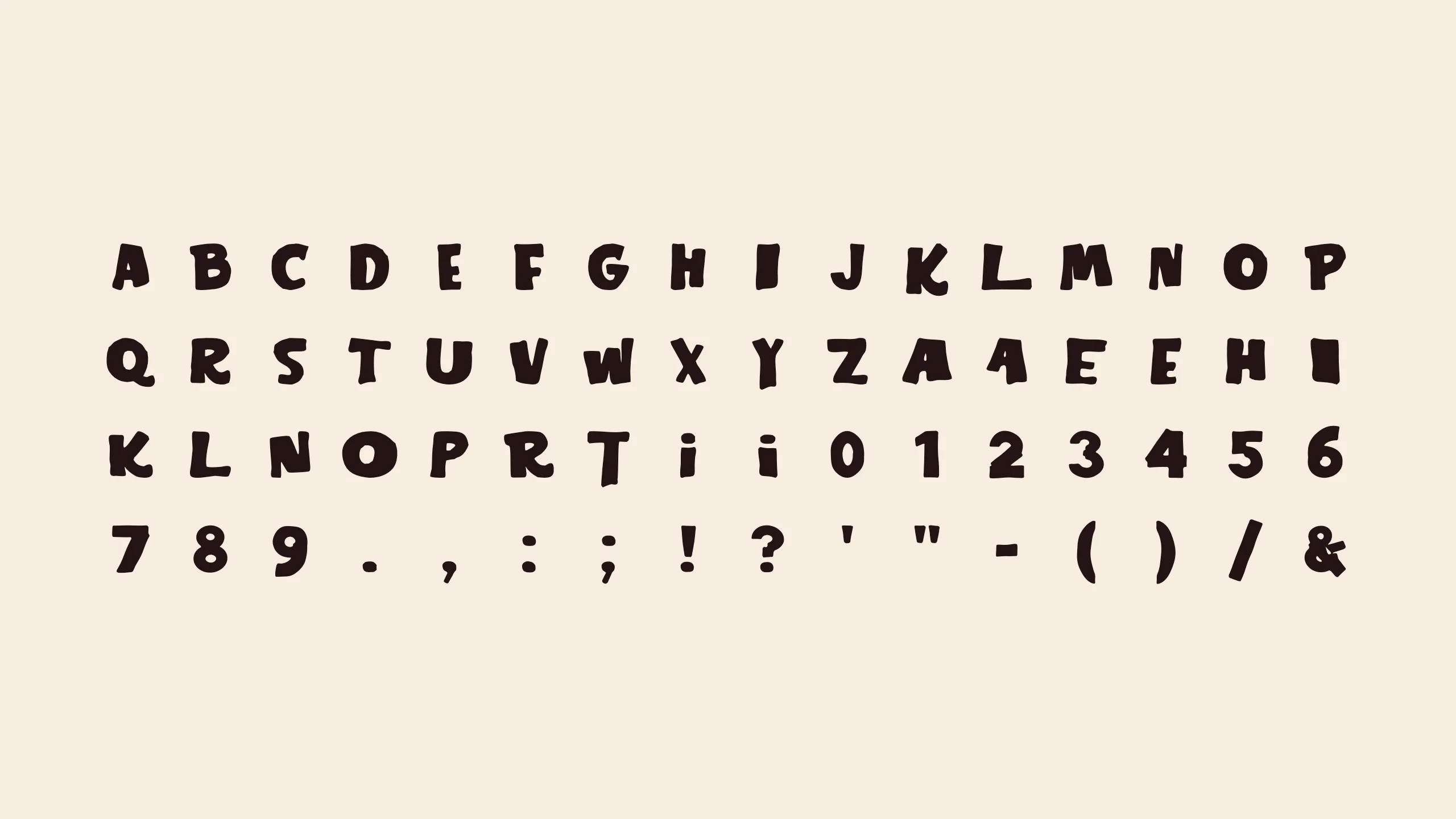 The full character set: 26 capitals, 15 alternates including two dotted i, the numbers 0 to 9 and basic punctuation