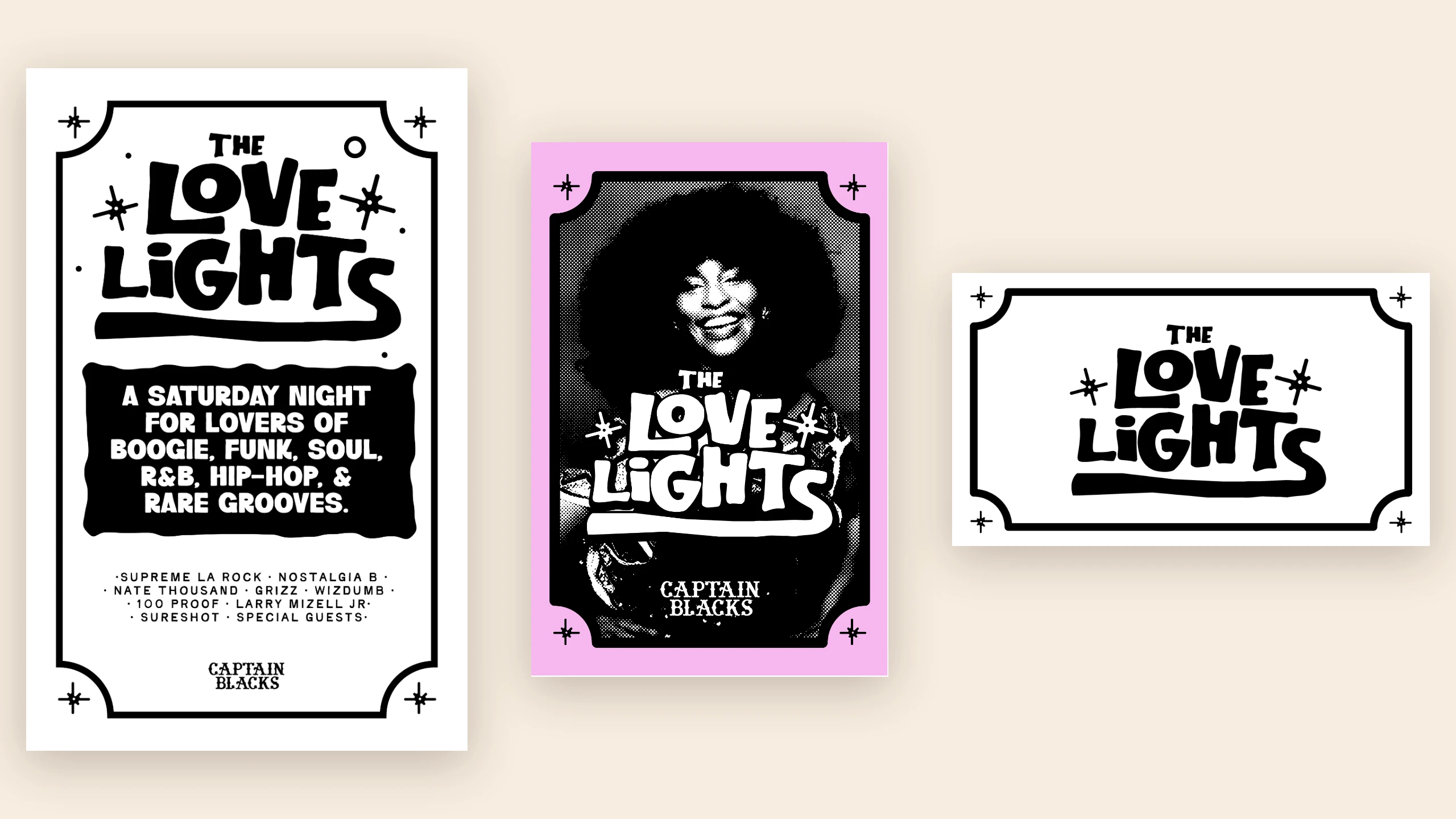 A black and white 11 by 17 poster, a 4 by 6 color flyer and an invite card, each with the hand-lettered wordmark