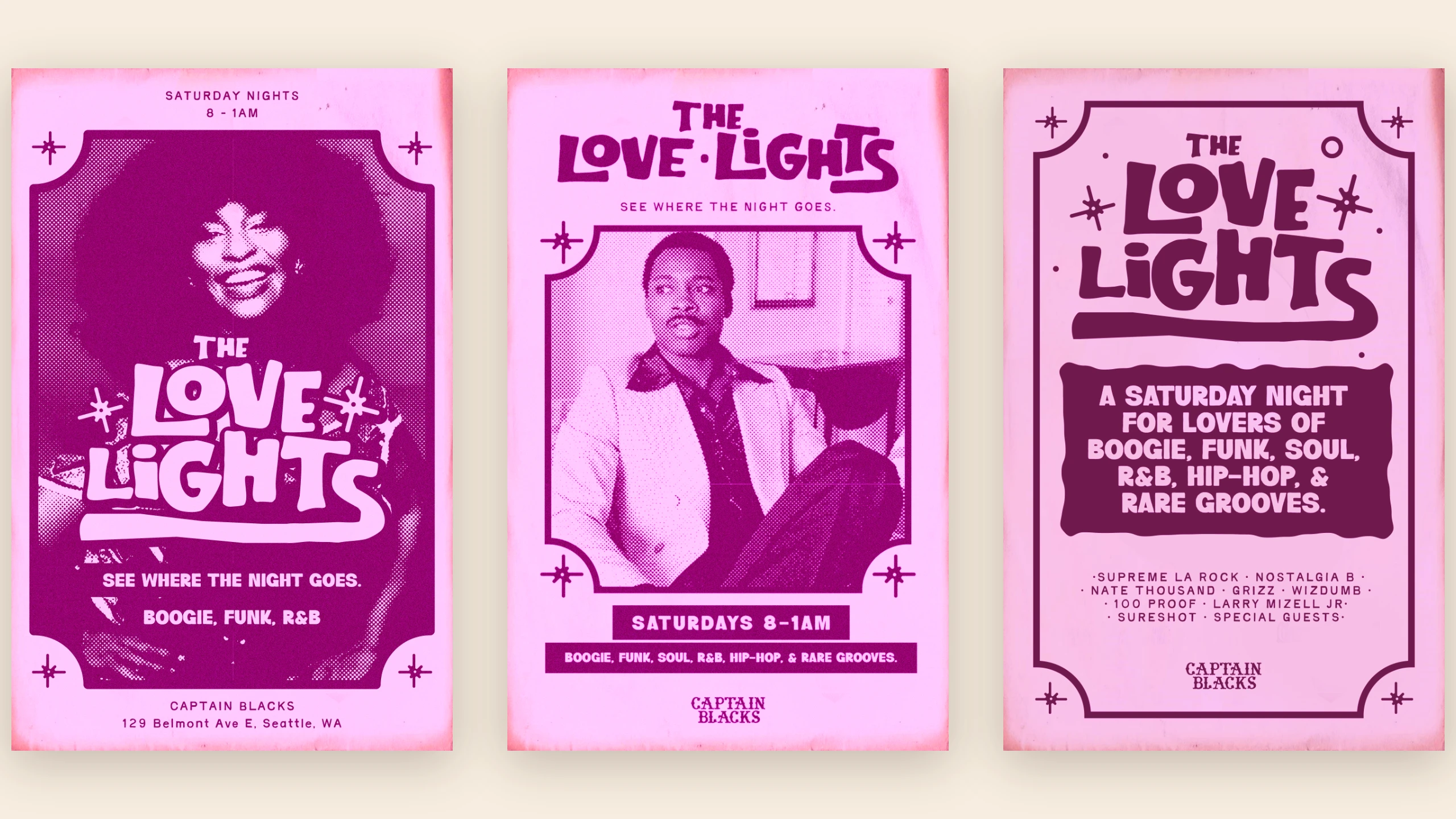 Three 11 by 17 color posters for The Love Lights in pink and plum, each carrying the hand-lettered wordmark