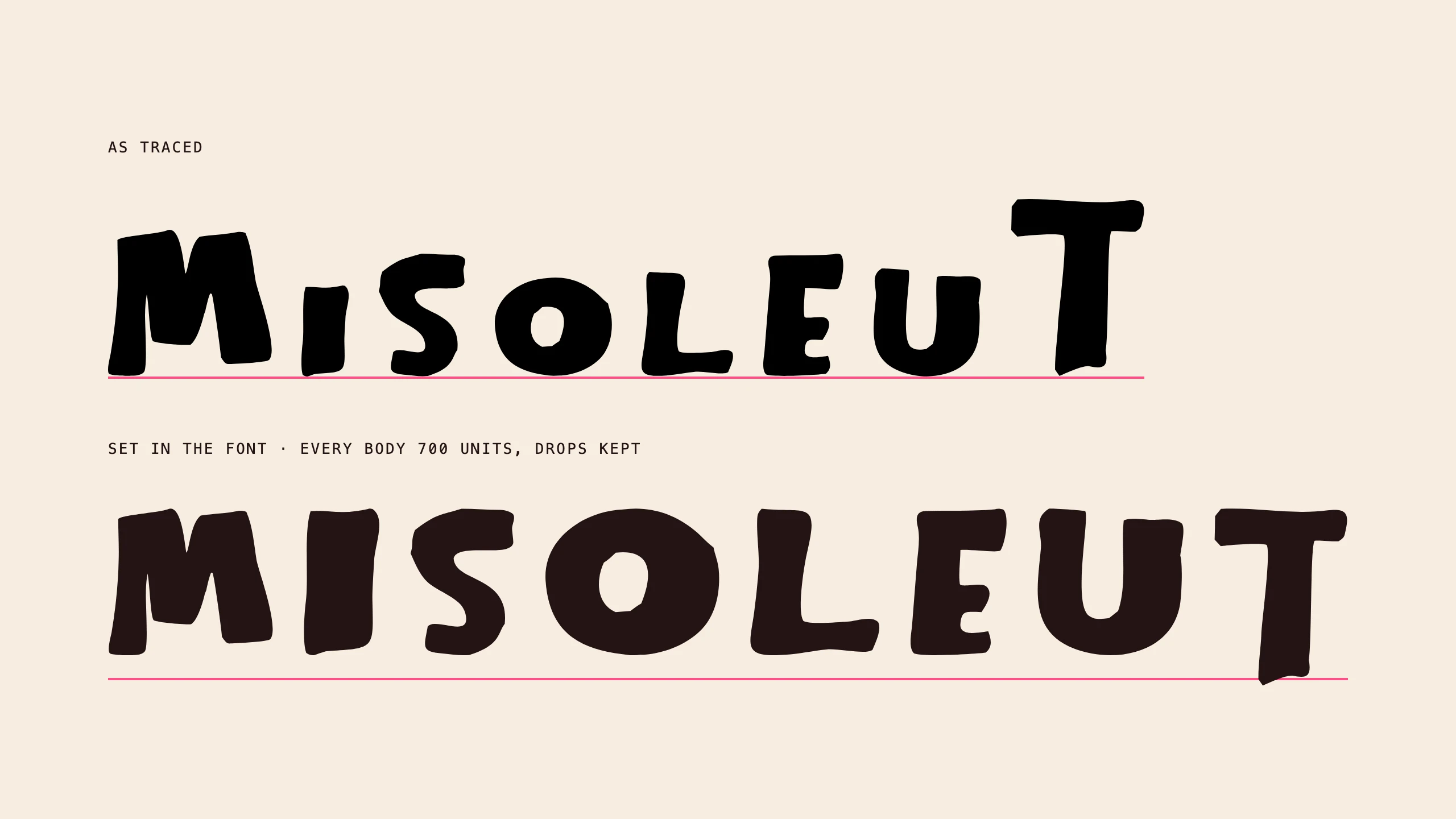 Eight letters as traced, at uneven heights, above the same letters set in the font at one cap height, with the long T still dropping below the baseline