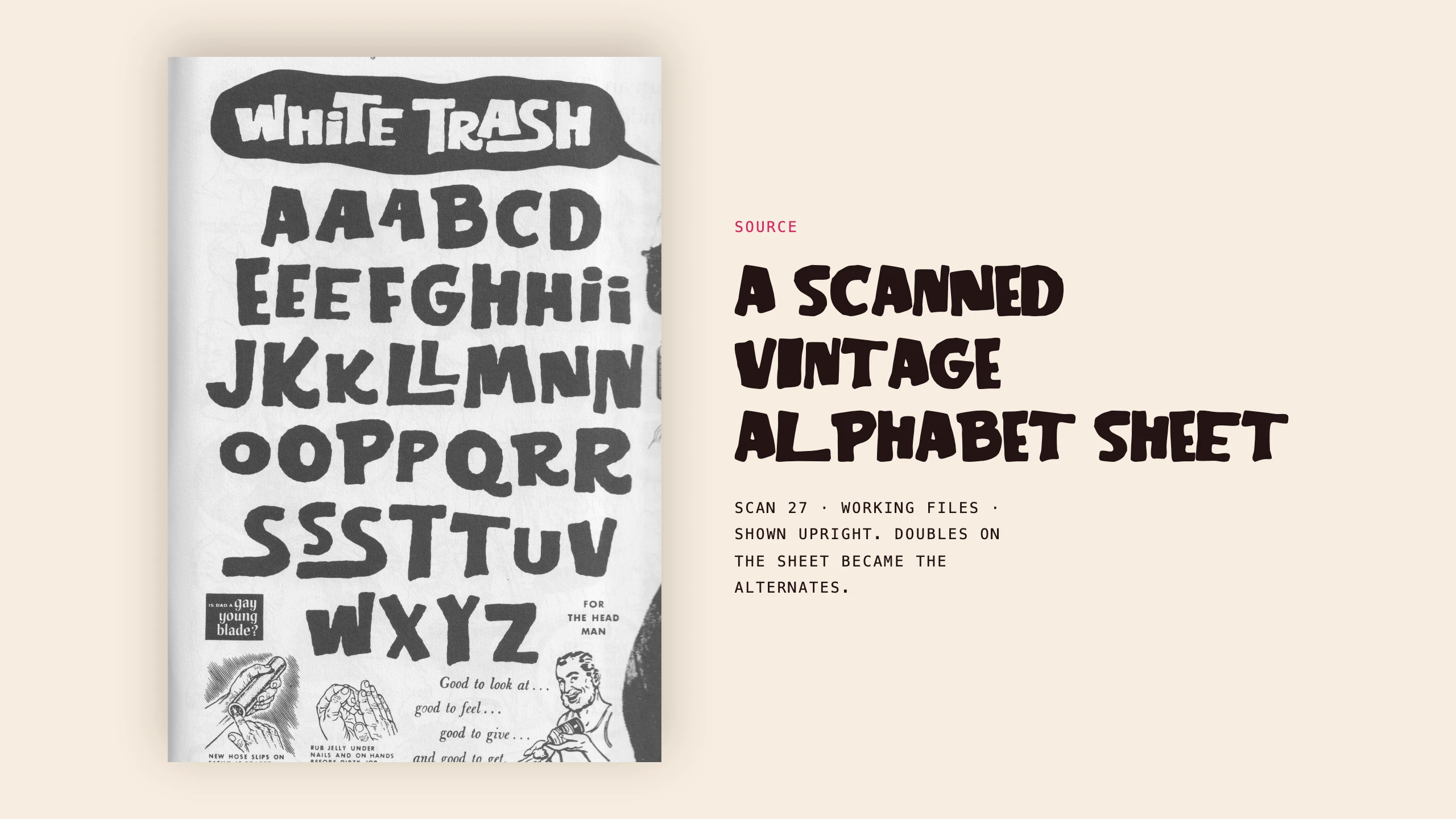 The scanned vintage alphabet sheet, shown upright: AAABCD, EEEFGHHii, JKKLLMNN, OOPPQRR, SSSTTUV, WXYZ, with the doubled letters that became the alternates